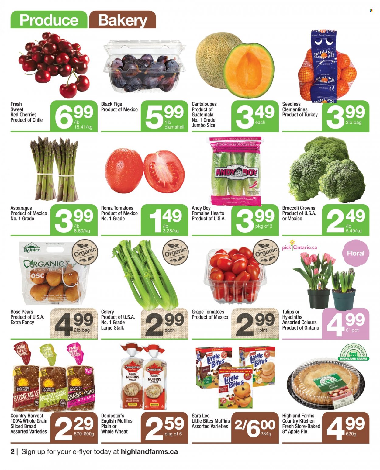 thumbnail - Highland Farms Flyer - January 20, 2022 - January 26, 2022 - Sales products - bread, english muffins, pie, Sara Lee, apple pie, asparagus, cantaloupe, celery, tomatoes, clementines, figs, pears, Country Harvest, Little Bites. Page 2.