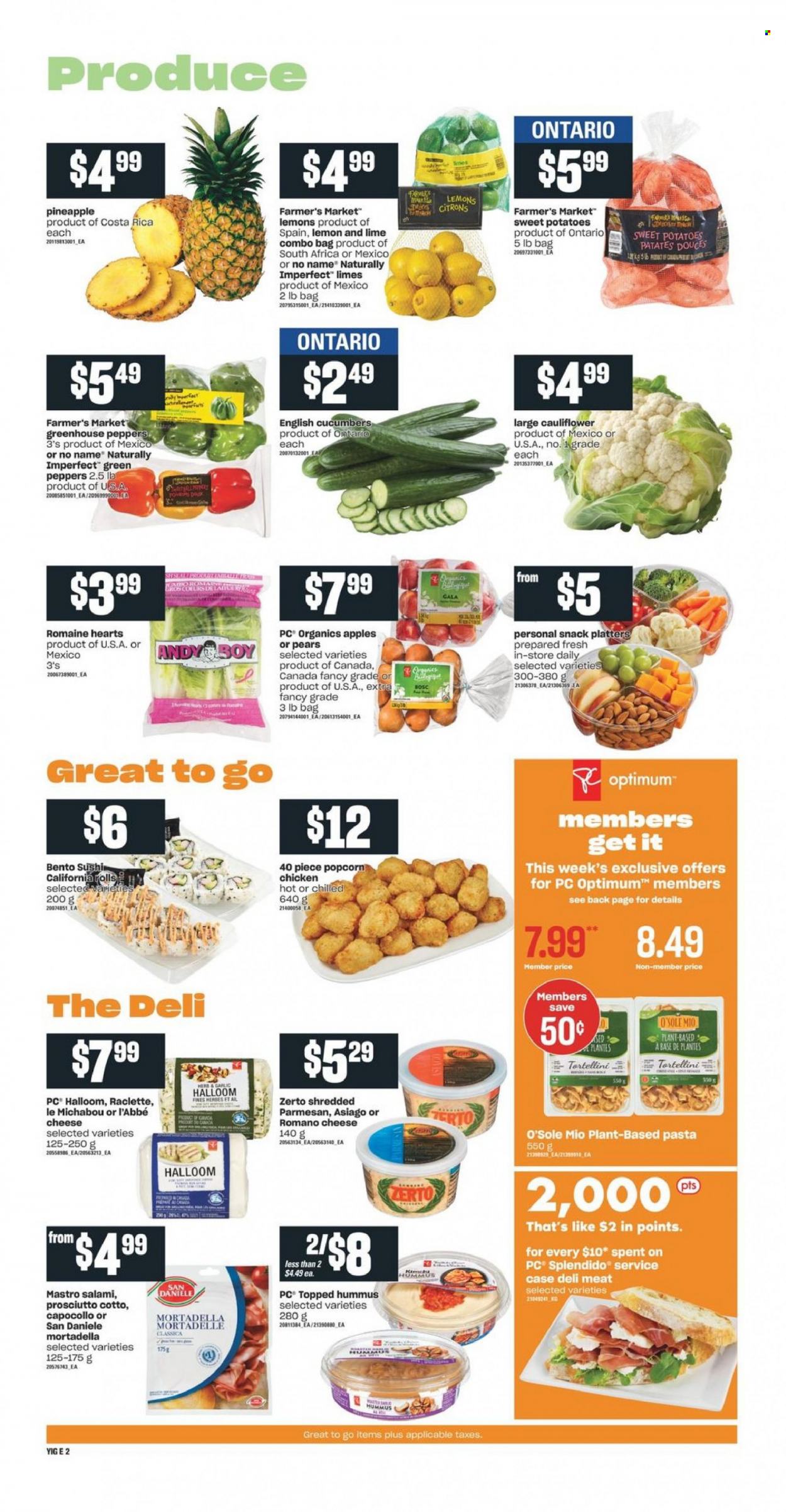 thumbnail - Independent Flyer - January 20, 2022 - January 26, 2022 - Sales products - cauliflower, cucumber, sweet potato, potatoes, peppers, apples, limes, pineapple, pears, lemons, No Name, pasta, tortellini, mortadella, salami, prosciutto, hummus, asiago, raclette cheese, parmesan, cheese, popcorn, Optimum. Page 3.