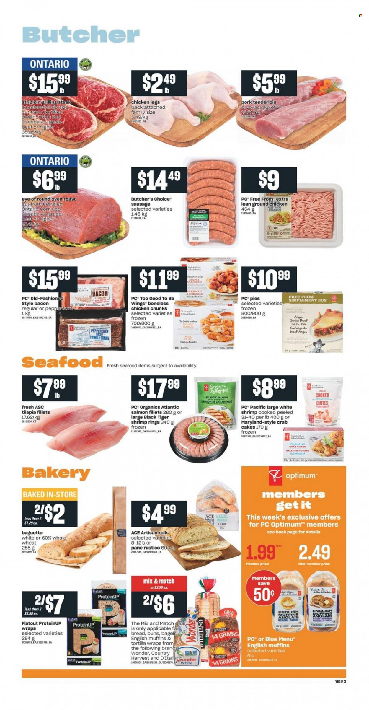thumbnail - Independent Flyer - January 20, 2022 - January 26, 2022 - Sales products - bagels, english muffins, tortillas, buns, wraps, garlic, salmon, salmon fillet, tilapia, seafood, shrimps, crab cake, bacon, sausage, Country Harvest, honey, ground chicken, chicken legs, chicken, eye of round, pork meat, pork tenderloin, Optimum, baguette, steak. Page 4.