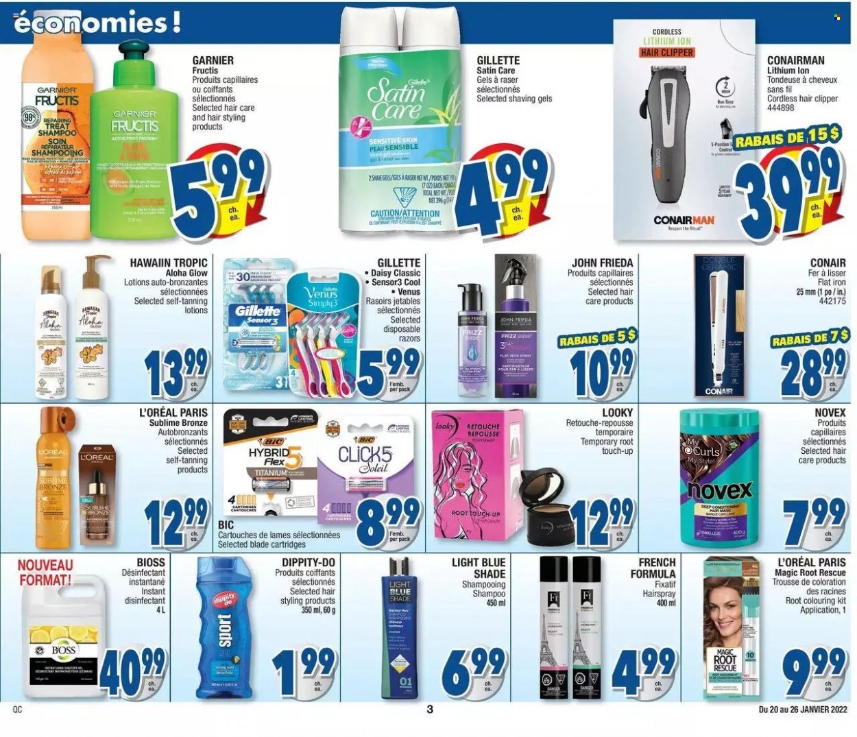 thumbnail - Jean Coutu Flyer - January 20, 2022 - January 26, 2022 - Sales products - L’Oréal, Root Touch-Up, John Frieda, Fructis, BIC, Venus, hair clipper, straightener, Garnier, Gillette, shampoo, desinfection. Page 3.