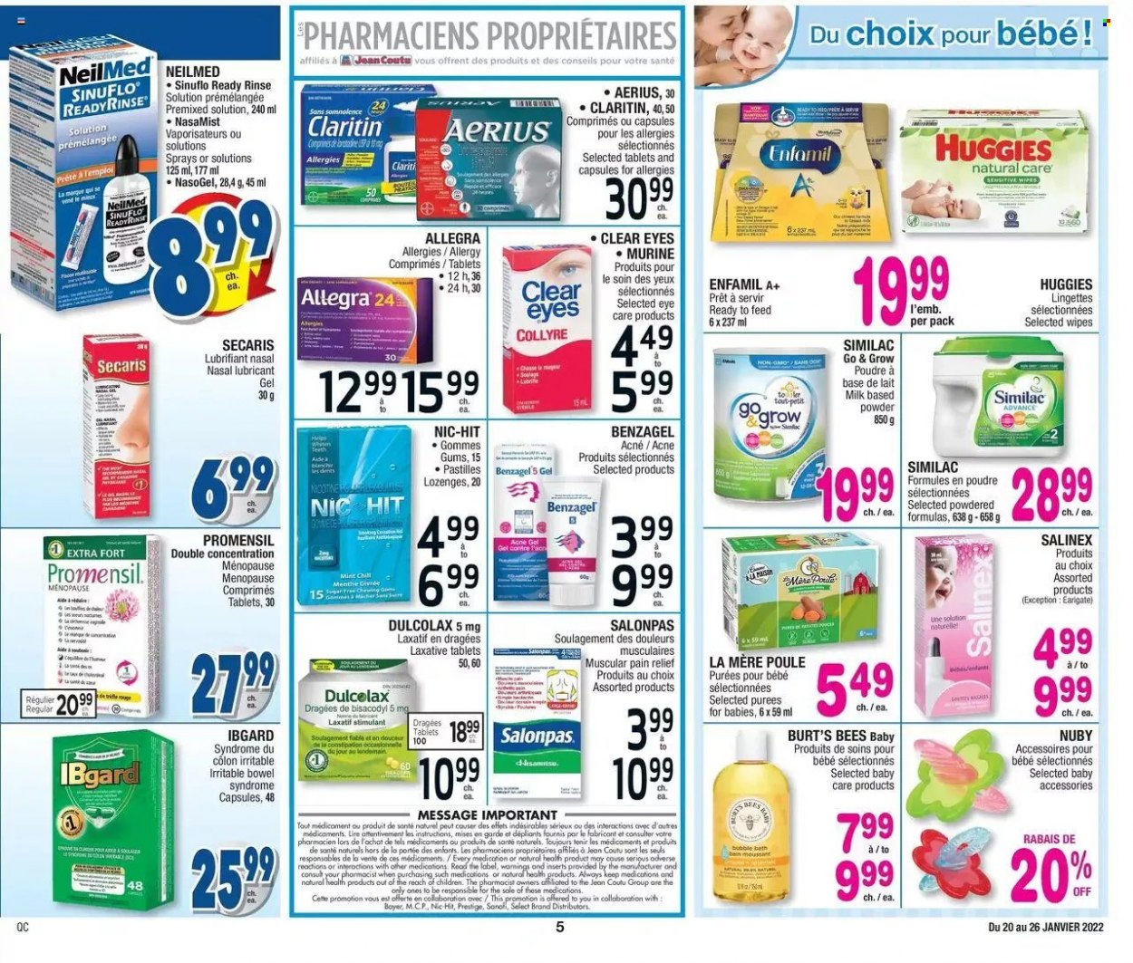 thumbnail - Jean Coutu Flyer - January 20, 2022 - January 26, 2022 - Sales products - pastilles, wipes, bubble bath, lubricant, pain relief, Dulcolax, stimulant, laxative, Bayer, Huggies. Page 5.