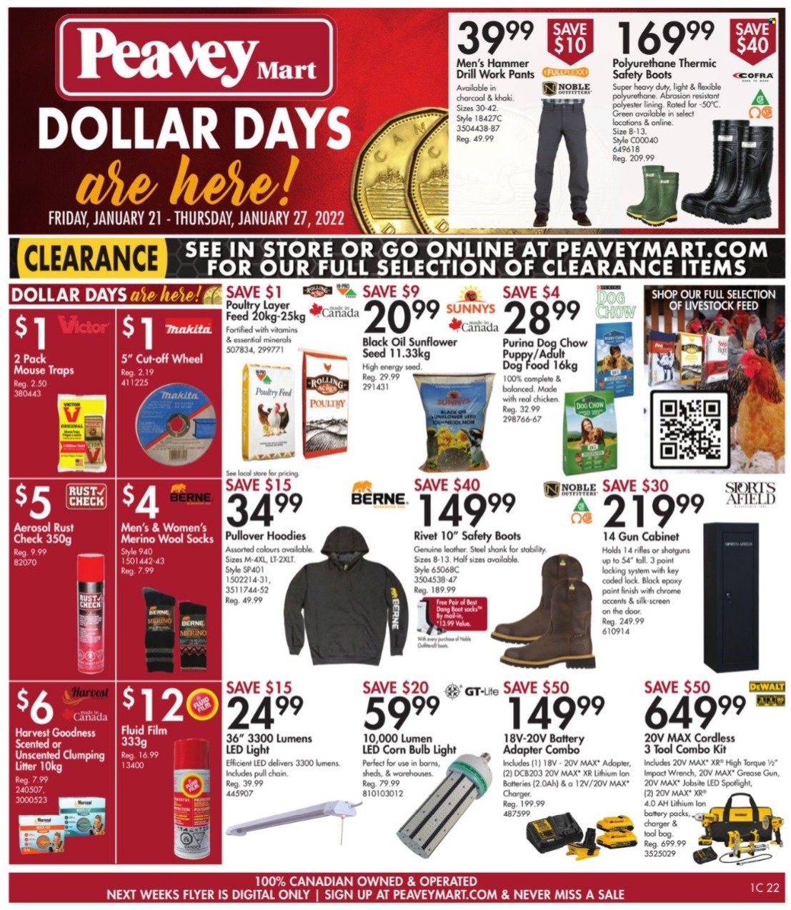 thumbnail - Peavey Mart Flyer - January 21, 2022 - January 27, 2022 - Sales products - mouse trap, bulb, spotlight, cat litter, mouse, hoodie, animal food, dog food, Dog Chow, Purina, plant seeds, Victor, pants, pullover, socks, wool socks, boots, DeWALT, paint, LED light, drill, combo kit, cabinet. Page 1.