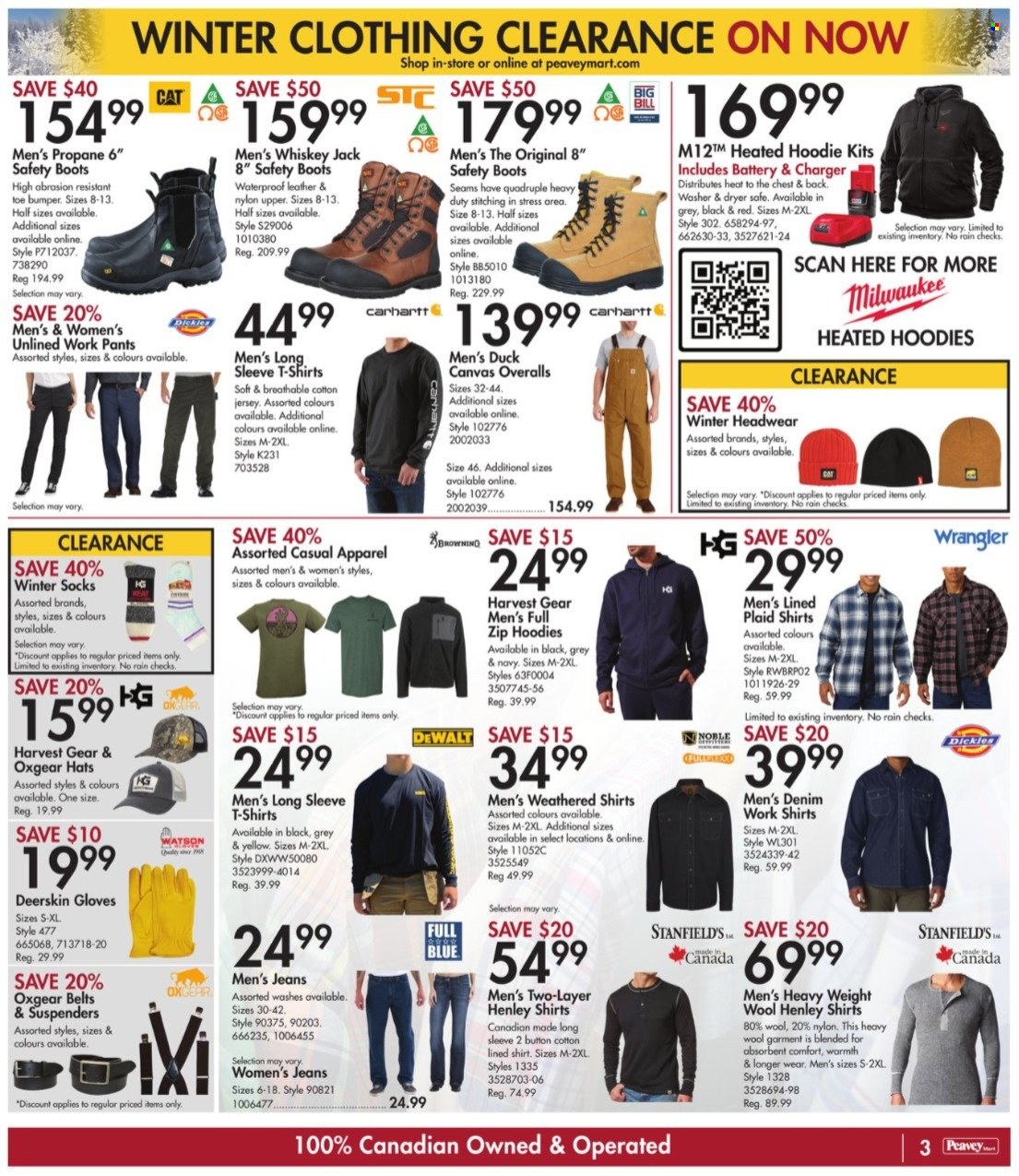 thumbnail - Peavey Mart Flyer - January 21, 2022 - January 27, 2022 - Sales products - canvas, hoodie, pants, t-shirt, jersey, socks, winter socks, hat, boots, DeWALT, Milwaukee, jeans. Page 3.