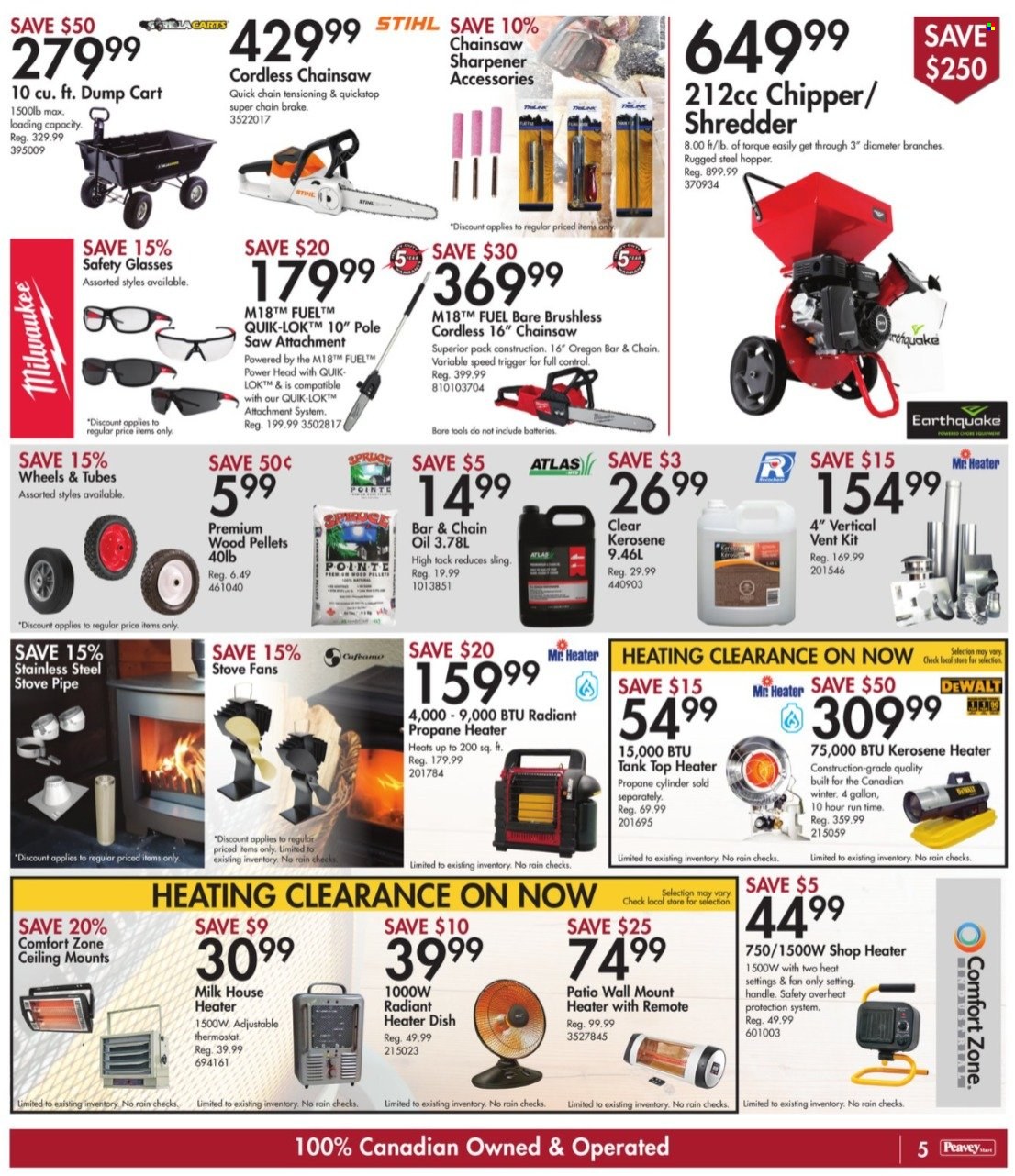 thumbnail - Peavey Mart Flyer - January 21, 2022 - January 27, 2022 - Sales products - sharpener, tank, DeWALT, heater, stove, Milwaukee, chain saw, saw, shredder, chipper, safety glasses, cart, kerosene. Page 5.