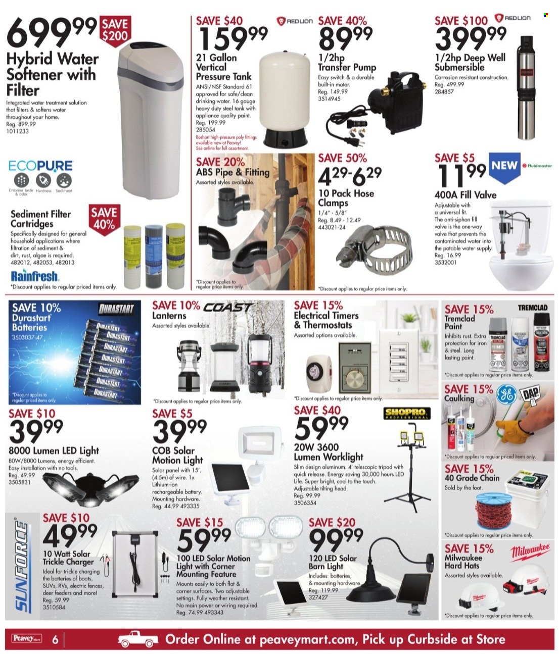 thumbnail - Peavey Mart Flyer - January 21, 2022 - January 27, 2022 - Sales products - rechargeable battery, tank, hat, LED light, tripod, water softener, Milwaukee, transfer pumps. Page 6.