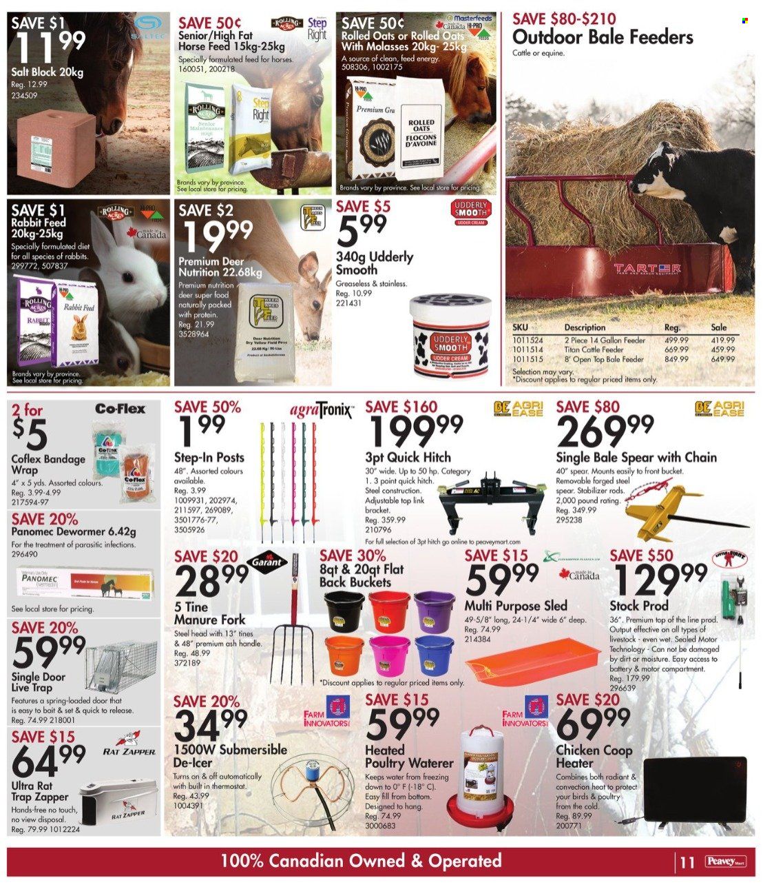thumbnail - Peavey Mart Flyer - January 21, 2022 - January 27, 2022 - Sales products - fork, battery, feeder, chicken coop, waterer, animal food, rabbit feed, heater. Page 11.