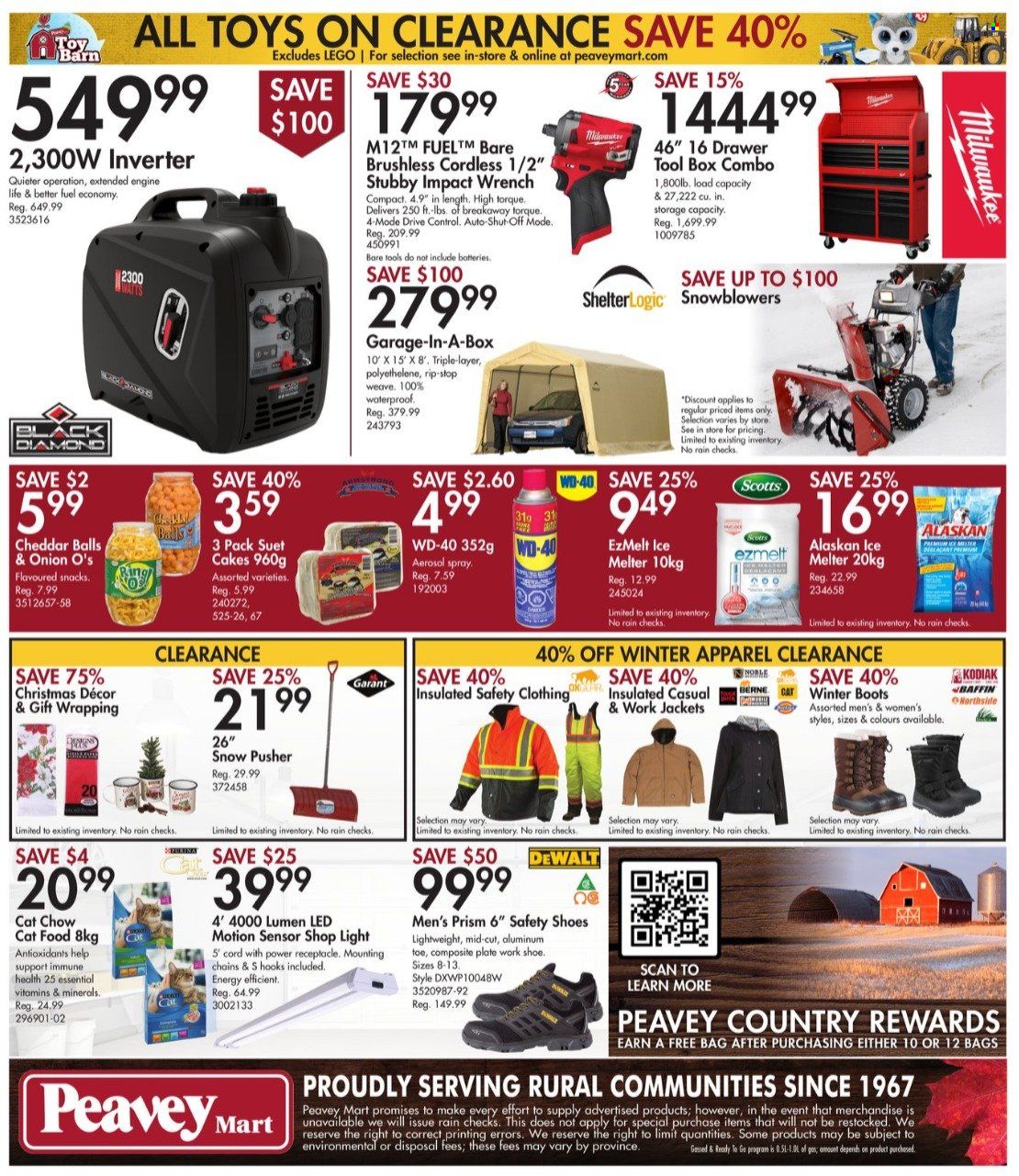 thumbnail - Peavey Mart Flyer - January 21, 2022 - January 27, 2022 - Sales products - hook, plate, gift wrap, battery, animal food, cat food, suet, suet cakes, christmas decor, jacket, boots, DeWALT, shoes, winter boots, shop light, Milwaukee, wrench, tool box, WD-40, ice melter. Page 12.
