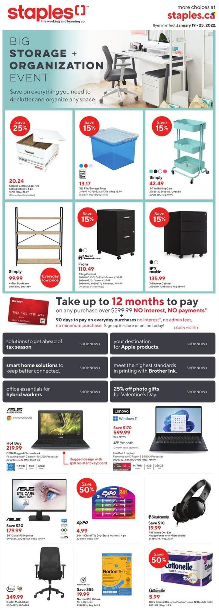 thumbnail - Staples Flyer - January 19, 2022 - January 25, 2022 - Sales products - Asus, Lenovo, monitor. Page 1.