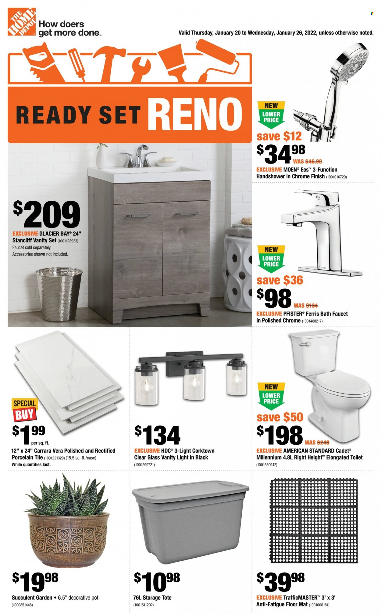 thumbnail - The Home Depot Flyer - January 20, 2022 - January 26, 2022 - Sales products - pot, vanity, toilet, bath faucet, vanity lights, porcelain tile, storage tote, succulent. Page 1.