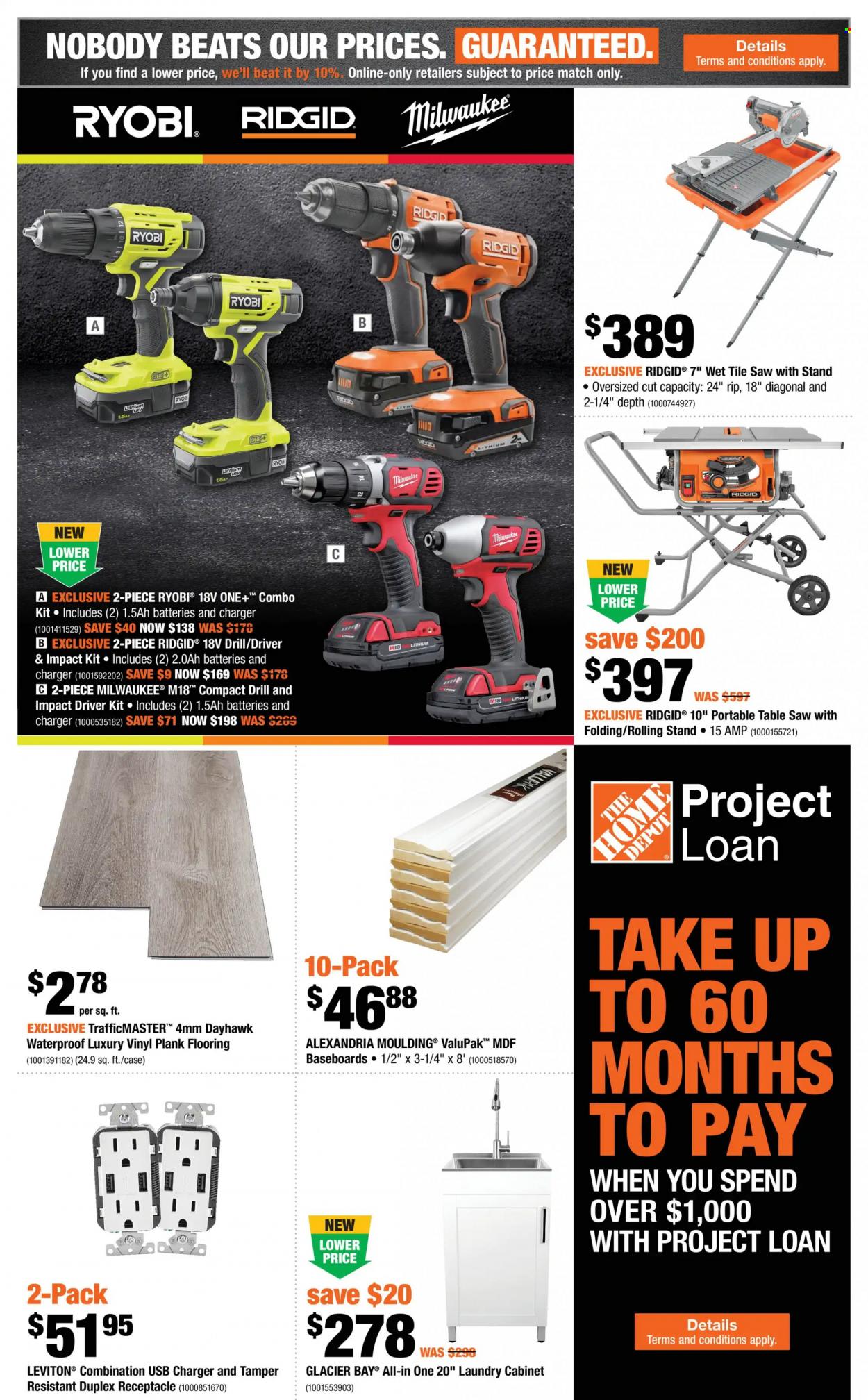 thumbnail - The Home Depot Flyer - January 20, 2022 - January 26, 2022 - Sales products - cabinet, table, flooring, vinyl, moulding, Milwaukee, impact driver, Ridgid, Ryobi, saw, table saw, combo kit. Page 2.