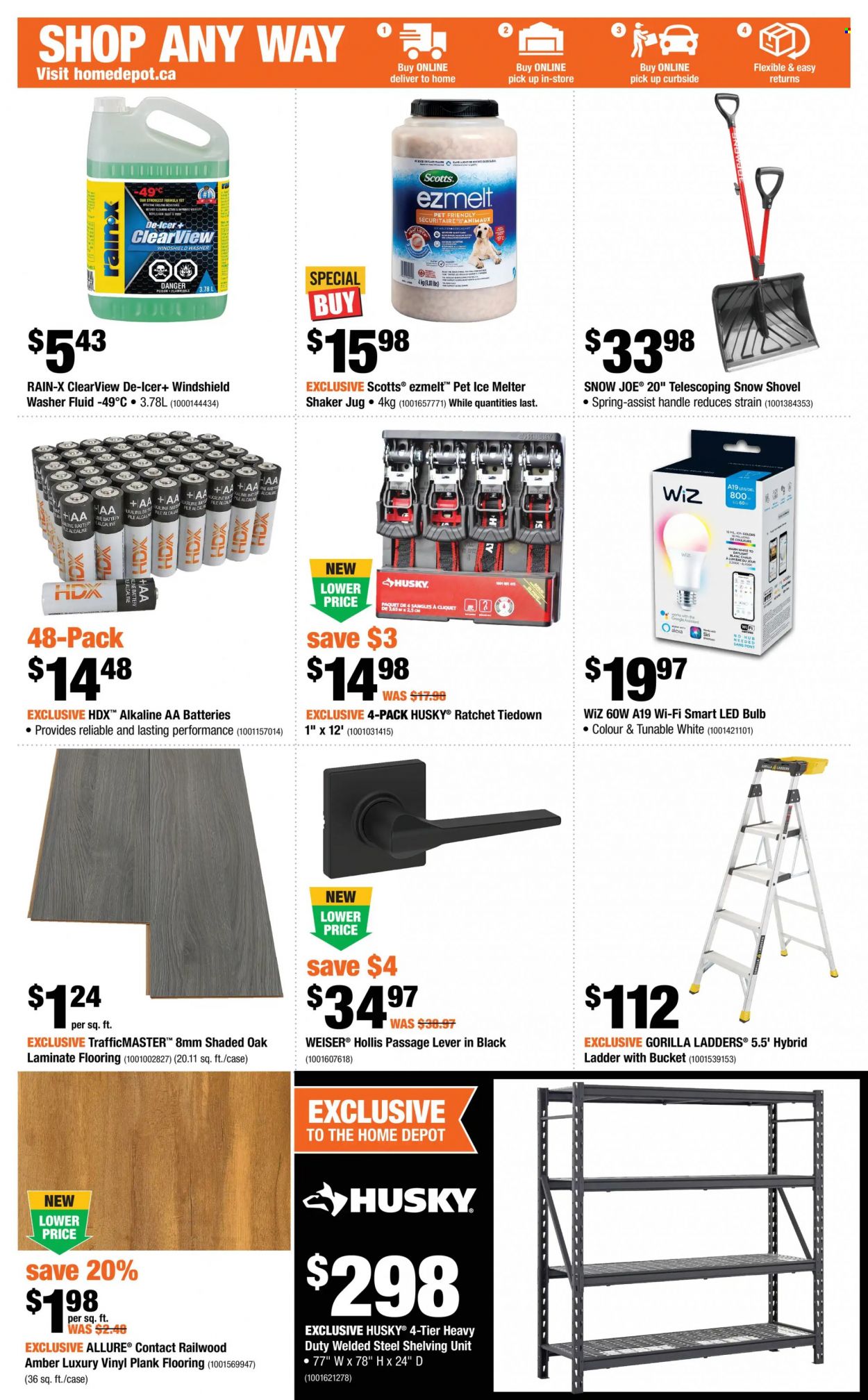 thumbnail - The Home Depot Flyer - January 20, 2022 - January 26, 2022 - Sales products - shaker, bulb, LED bulb, aa batteries, shelves, shelf unit, ladder, flooring, laminate floor, vinyl, shovel, snow shovel. Page 4.