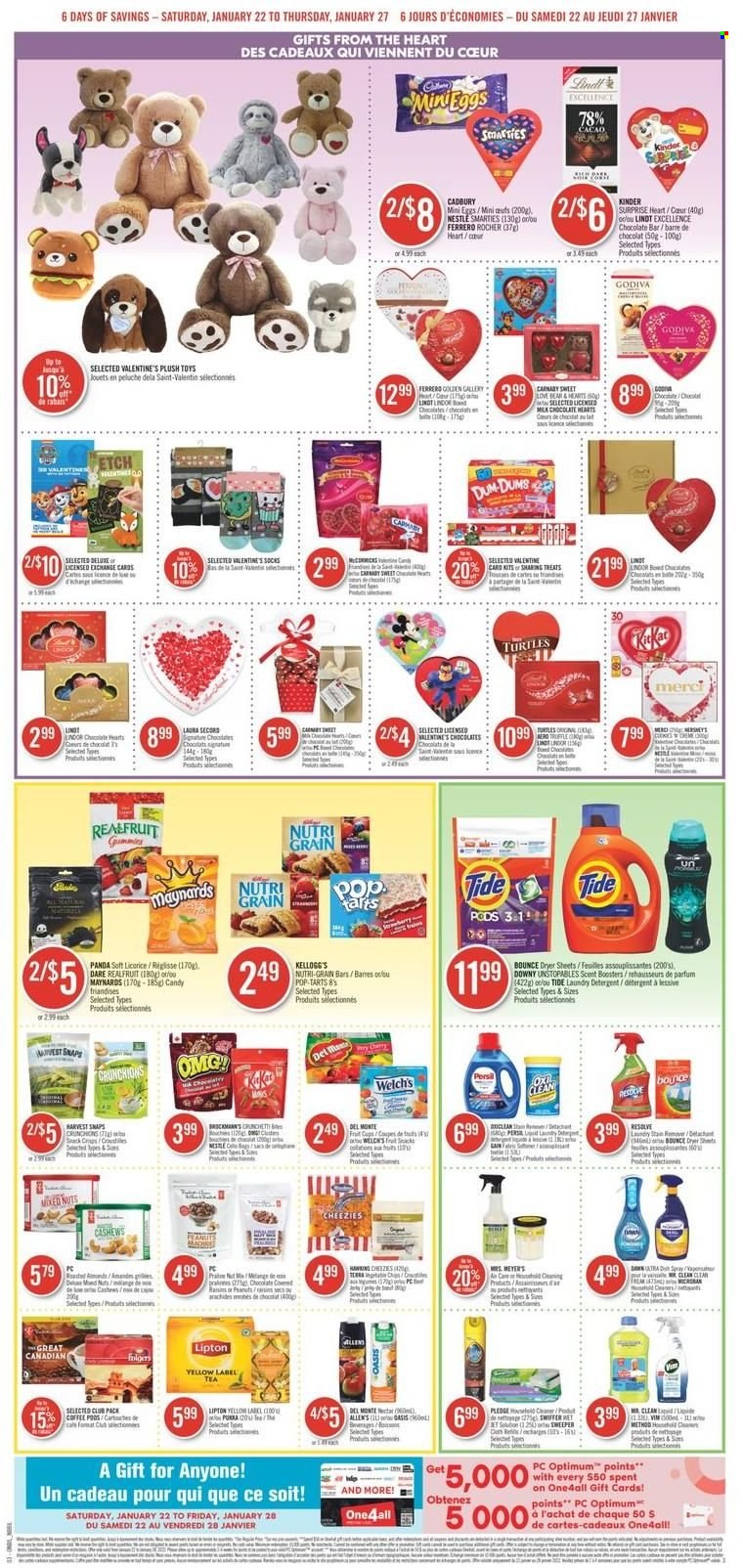 thumbnail - Shoppers Drug Mart Flyer - January 22, 2022 - January 27, 2022 - Sales products - milk chocolate, snack, Kinder Surprise, truffles, Godiva, Kellogg's, Cadbury, Merci, Pop-Tarts, Welch's, chocolate bar, Harvest Snaps, Nutri-Grain, cashews, peanuts, mixed nuts, tea, coffee pods, Folgers, Pledge, Tide, Unstopables, laundry detergent, Bounce, dryer sheets, scent booster, socks, tote, Nestlé, detergent, Lipton, Lindt, Ferrero Rocher, Smarties. Page 3.