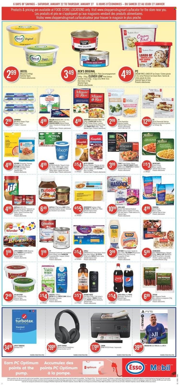 thumbnail - Shoppers Drug Mart Flyer - January 22, 2022 - January 27, 2022 - Sales products - brownies, crackers, salmon, tuna, pasta sauce, sauce, rice, dressing, Kraft®, Jif, Coca-Cola, Pepsi, Clover, tote, Canon, Nutella. Page 6.