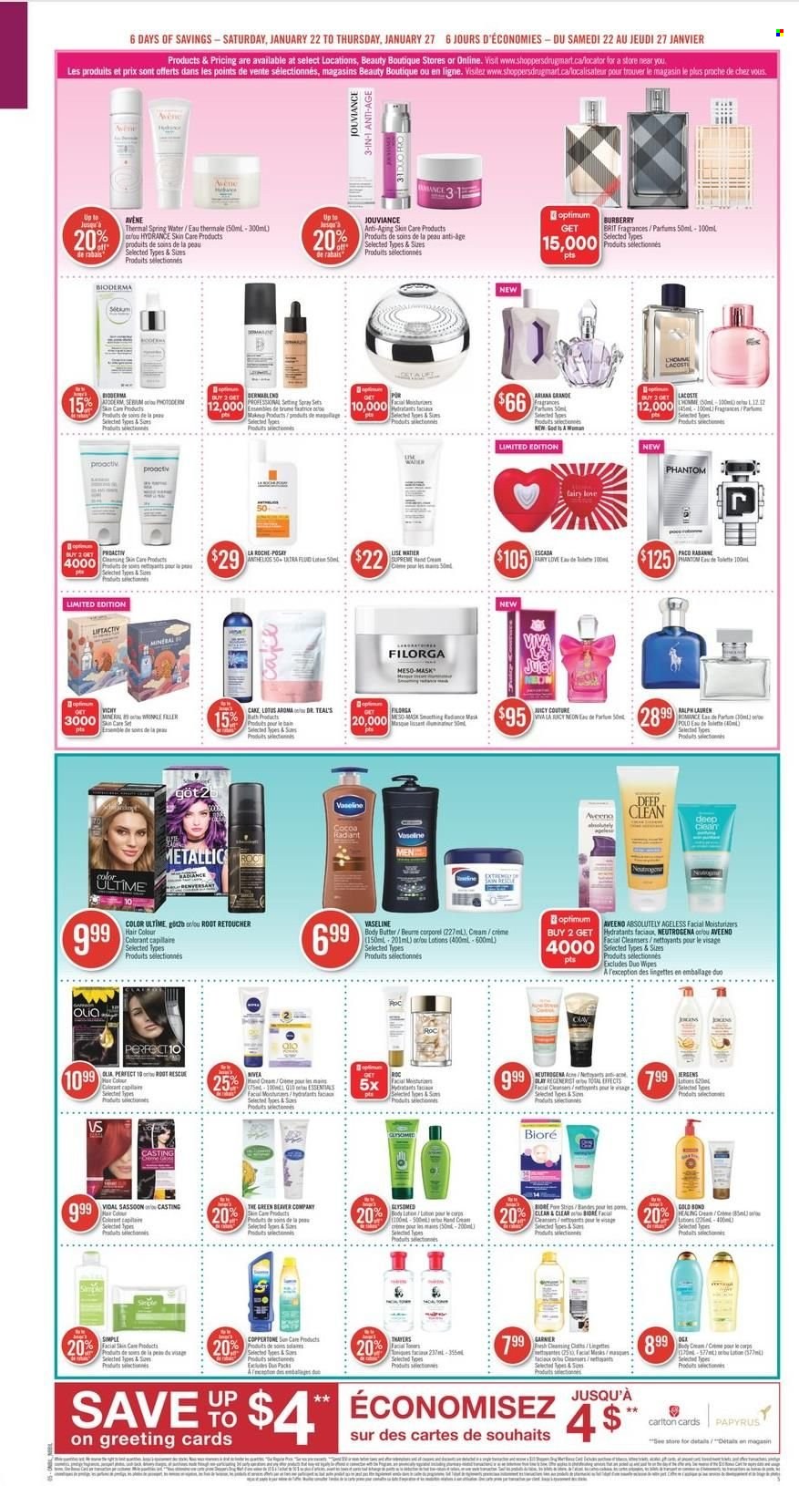 thumbnail - Shoppers Drug Mart Flyer - January 22, 2022 - January 27, 2022 - Sales products - cake, cocoa, spring water, wipes, Aveeno, Fairy, Vaseline, La Roche-Posay, moisturizer, Bioré®, Clean & Clear, Paco Rabanne, hair color, body butter, Jergens, Ralph Lauren, Lotus, Lacoste, Burberry, Escada, Neutrogena, Nivea. Page 8.
