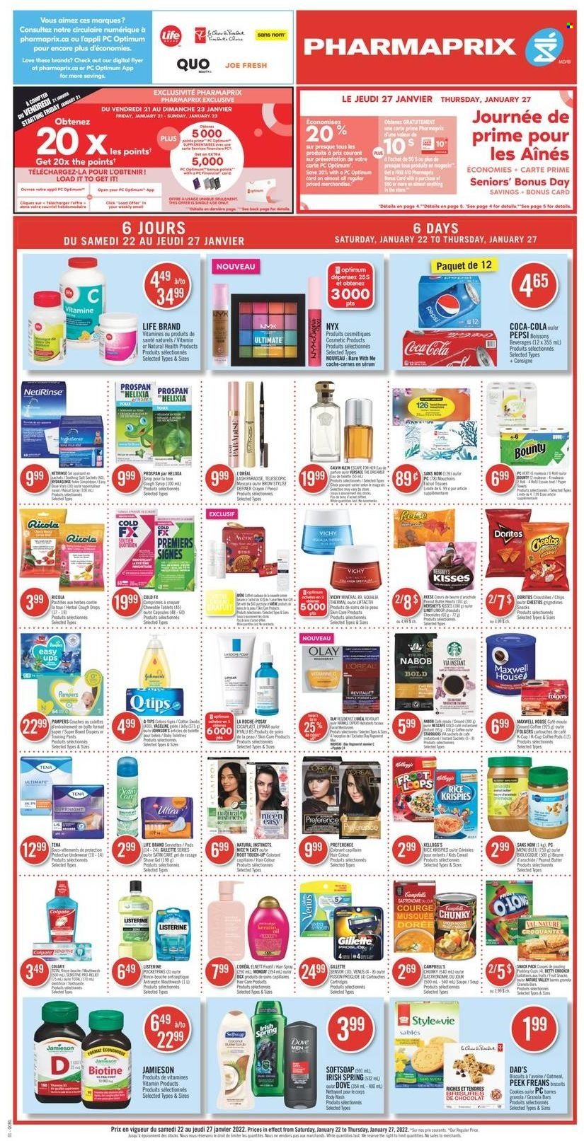 thumbnail - Pharmaprix Flyer - January 22, 2022 - January 27, 2022 - Sales products - Campbell's, cookies, Ricola, Doritos, Cheetos, granola bar, Rice Krispies, peanut butter, Coca-Cola, Pepsi, Folgers, pants, Softsoap, Vichy, L’Oréal, Olay, NYX Cosmetics, Root Touch-Up, keratin, shave gel, Venus, Dove, Gillette, Listerine, Pampers, chips. Page 1.