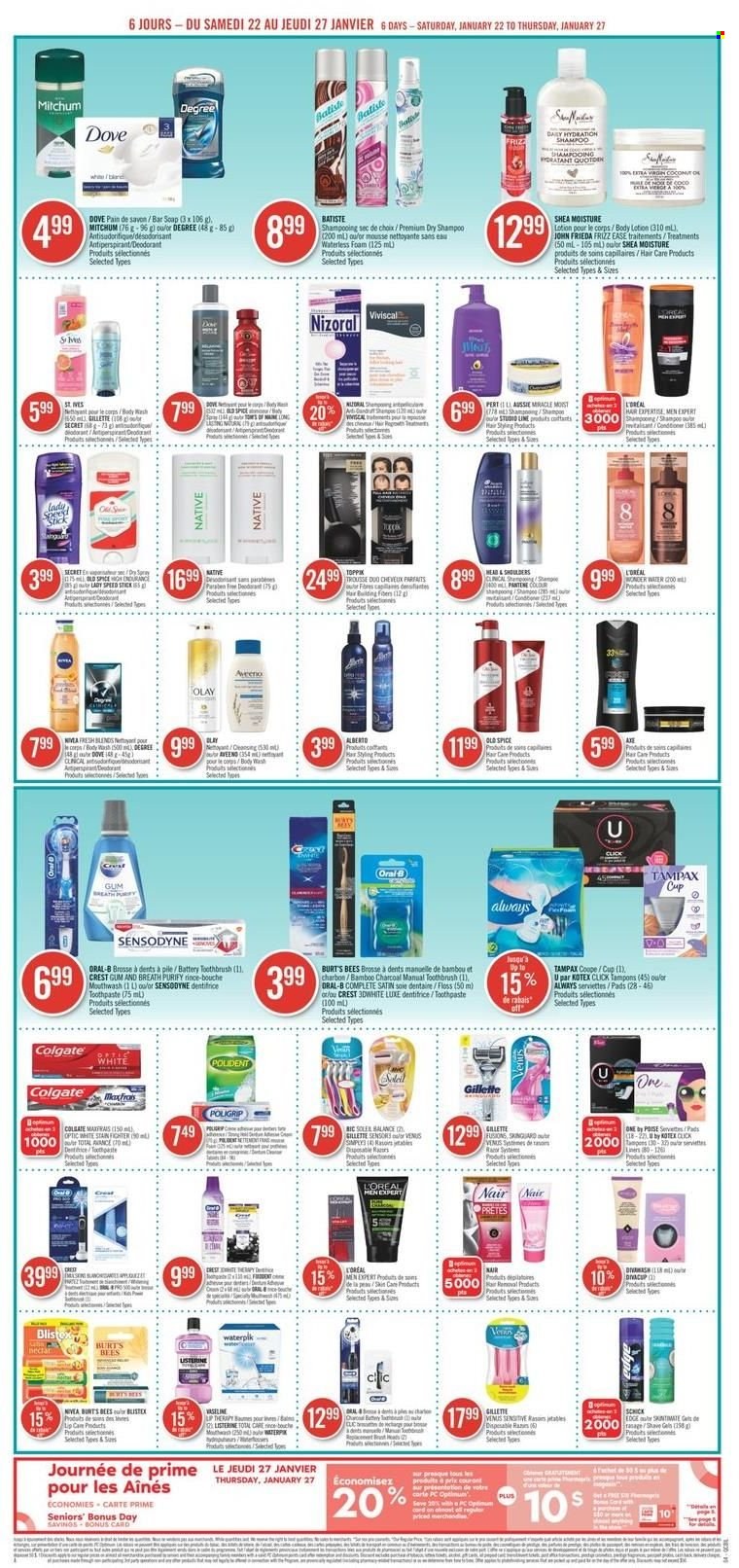 thumbnail - Pharmaprix Flyer - January 22, 2022 - January 27, 2022 - Sales products - Ace, spice, Aveeno, body wash, soap bar, soap, toothbrush, toothpaste, mouthwash, Polident, Crest, Kotex, tampons, L’Oréal, Olay, Aussie, John Frieda, Toppik, body lotion, anti-perspirant, Speed Stick, BIC, Venus, Smeg, cup, Dove, Colgate, Gillette, shampoo, Tampax, Pantene, Nivea, Old Spice, Oral-B, Sensodyne, deodorant. Page 4.