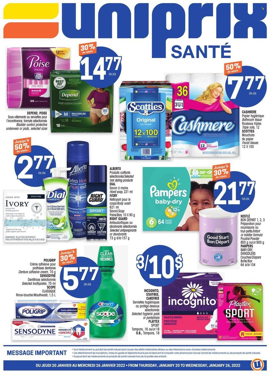 thumbnail - Uniprix Santé Flyer - January 20, 2022 - January 26, 2022 - Sales products - nappies, bath tissue, body wash, hand soap, Dial, soap, mouthwash, Crest, Stayfree, Playtex, pantiliners, Carefree, pantyliners, tampons, facial tissues, fragrance, Nestlé, Pampers, Sensodyne, deodorant. Page 1.