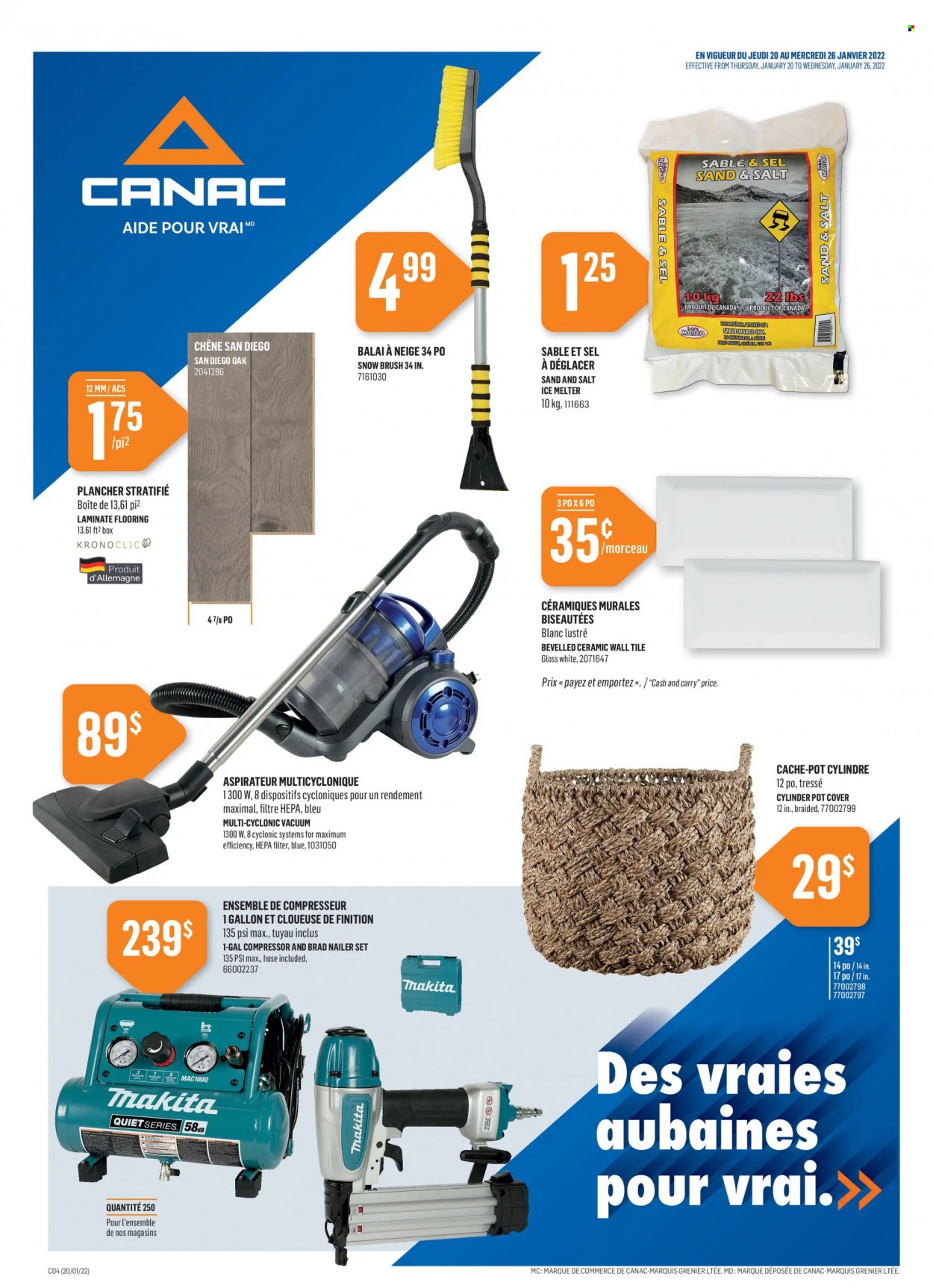 thumbnail - Canac Flyer - January 20, 2022 - January 26, 2022 - Sales products - flooring, laminate floor, air compressor, pot, ice melter. Page 1.