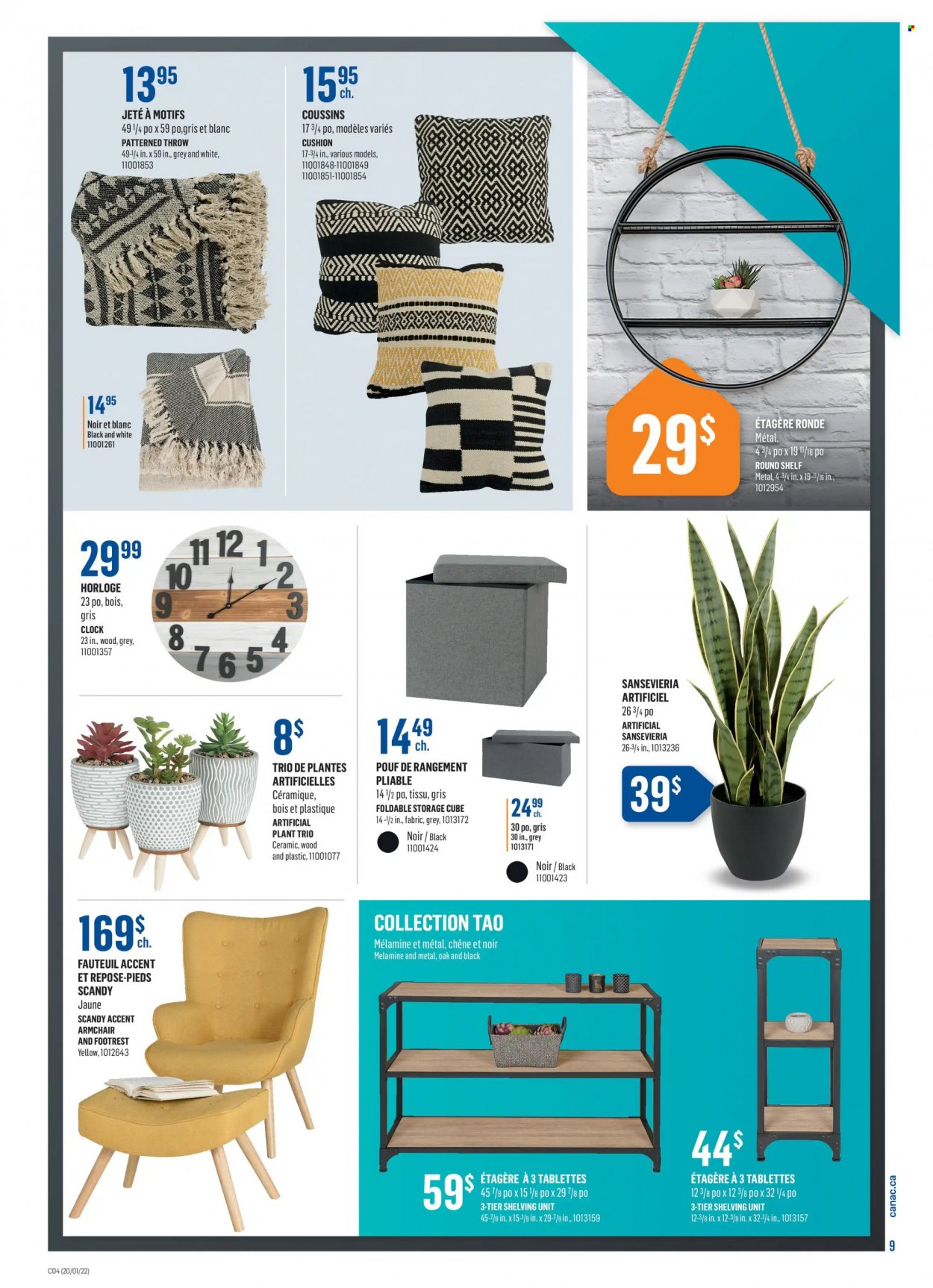 thumbnail - Canac Flyer - January 20, 2022 - January 26, 2022 - Sales products - arm chair, shelves, shelf unit, cushion, artificial plant. Page 9.