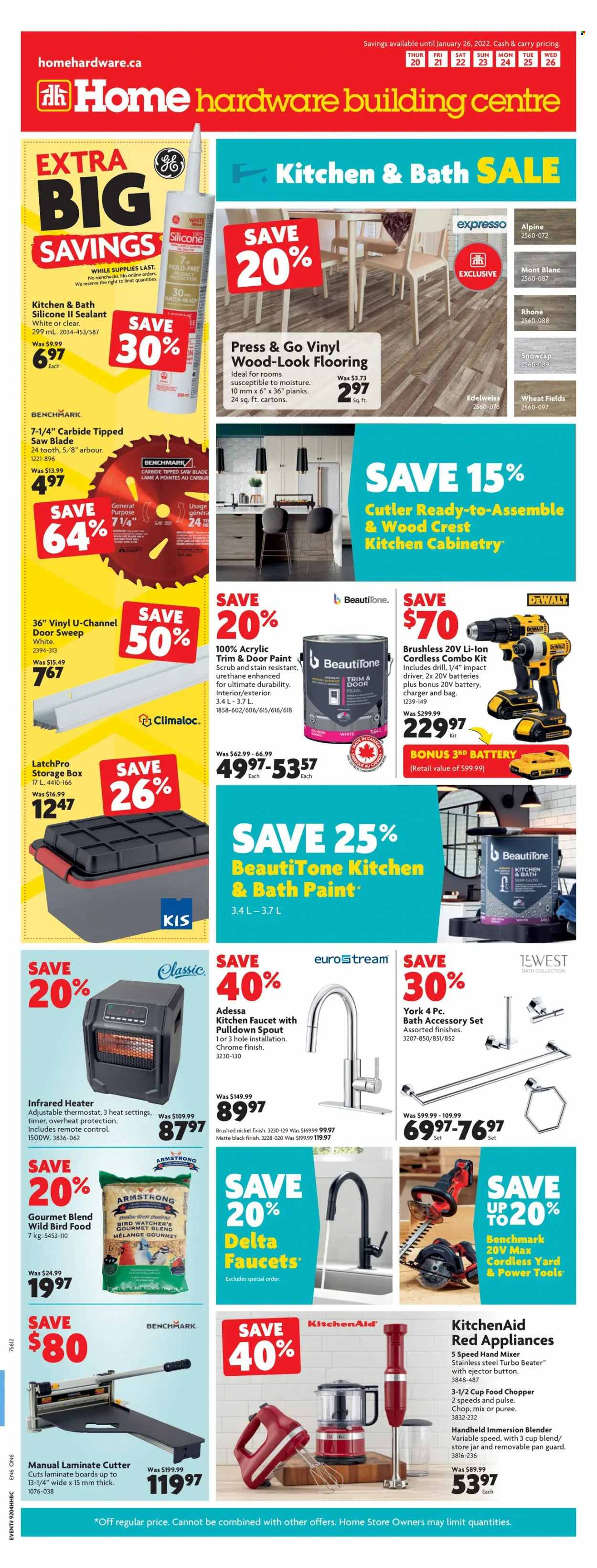 thumbnail - Home Hardware Building Centre Flyer - January 20, 2022 - January 26, 2022 - Sales products - KitchenAid, mixer, hand mixer, faucet, paint, heater, cordless combo kit, DeWALT, impact driver, power tools, saw, combo kit, cutter, blender. Page 1.