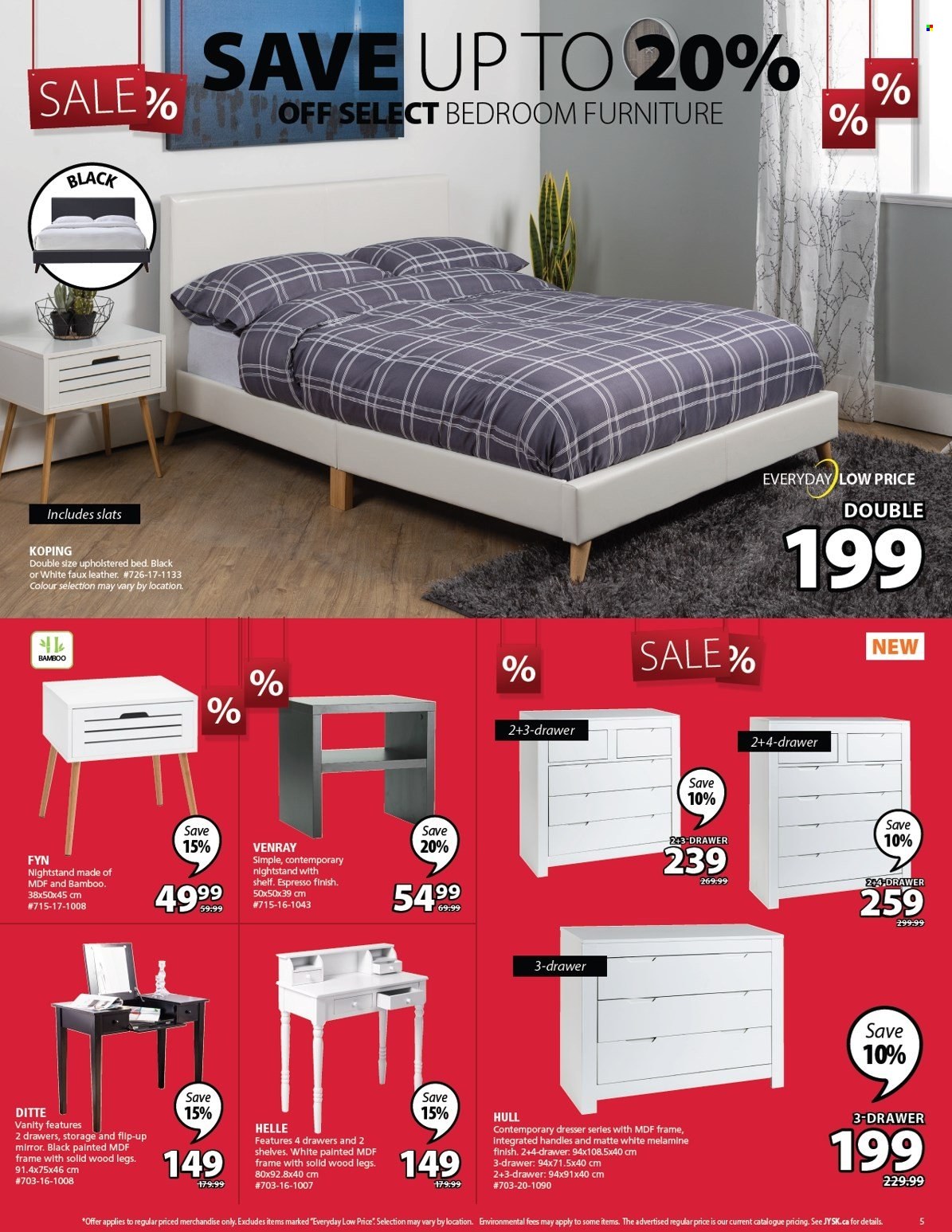 thumbnail - JYSK Flyer - January 20, 2022 - January 26, 2022 - Sales products - bed, upholstered bed, dresser, vanity, nightstand, mirror. Page 5.