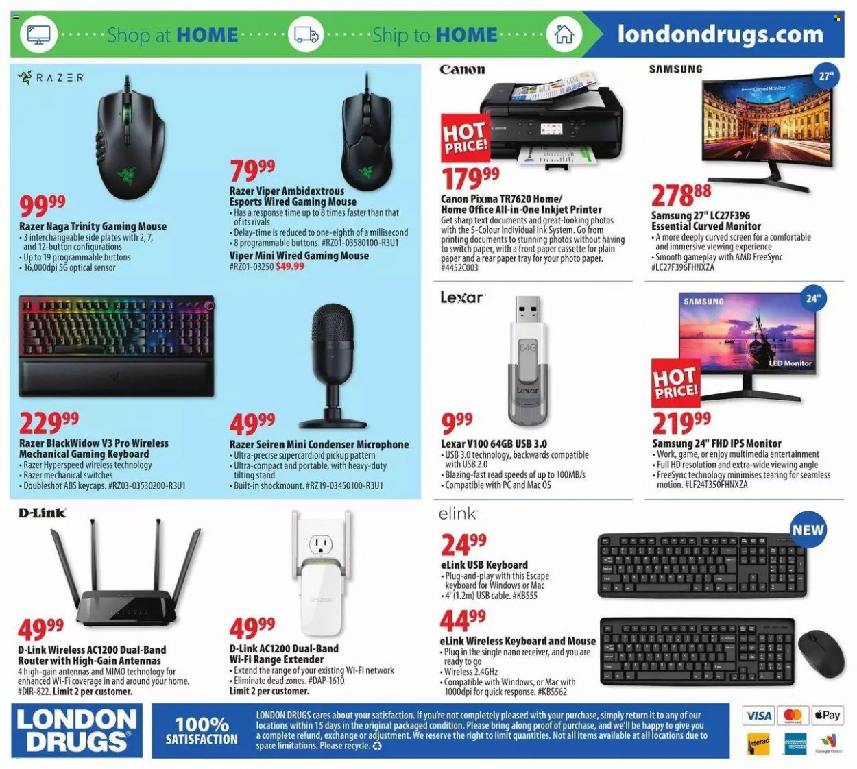 thumbnail - London Drugs Flyer - January 21, 2022 - January 26, 2022 - Sales products - gaming keyboard, gaming mouse, switch, Gain, plate, keyboard, range extender, router, Samsung, mouse, receiver, microphone, ink printer, printer, Canon, monitor, Razer. Page 8.