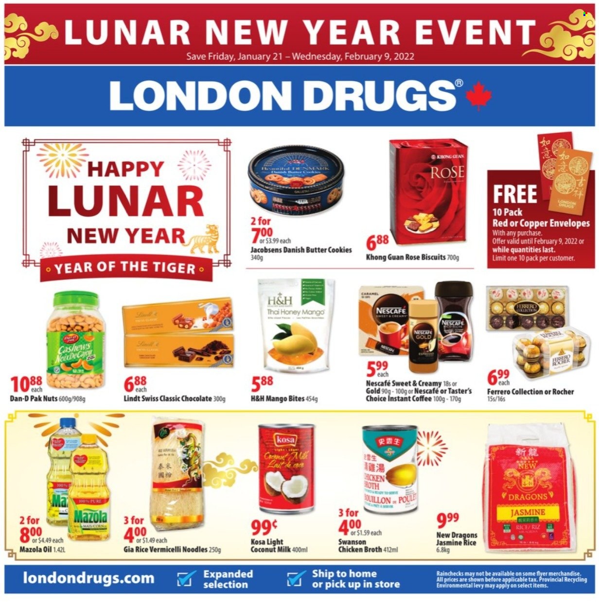thumbnail - Circulaire London Drugs - 21 Janvier 2022 - 09 Février 2022 - Produits soldés - biscuits, cookies, riz, Nescafé, Lindt. Page 1.