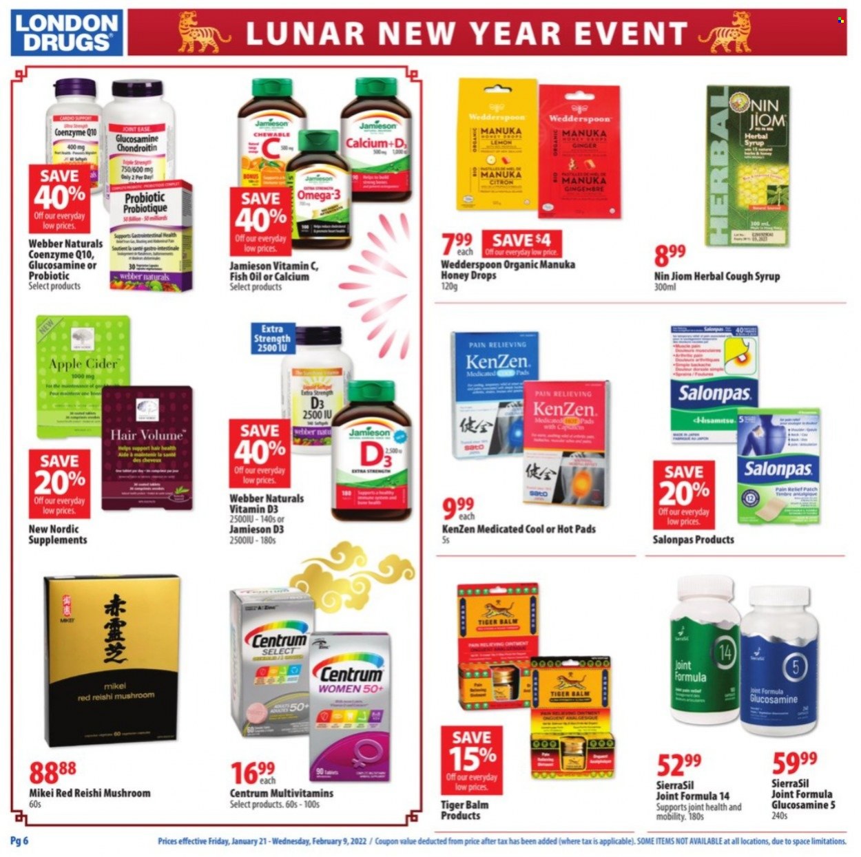 thumbnail - London Drugs Flyer - January 21, 2022 - February 09, 2022 - Sales products - mushrooms, ginger, syrup, Manuka Honey, apple cider, cider, pain relief, fish oil, glucosamine, multivitamin, vitamin c, Omega-3, vitamin D3, Centrum, calcium. Page 6.