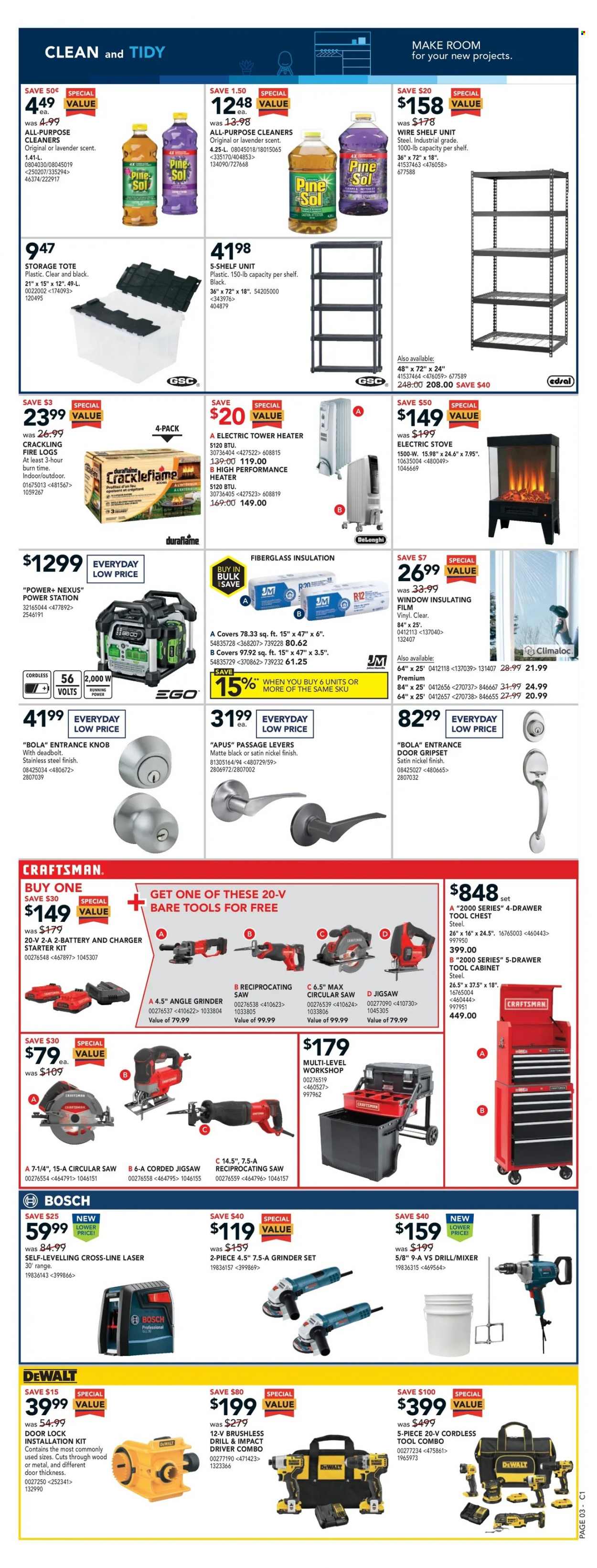 thumbnail - RONA Flyer - January 20, 2022 - January 26, 2022 - Sales products - stove, electric stove, De'Longhi, mixer, grinder, cabinet, shelf unit, heater, fiberglass insulation, DeWALT, impact driver, circular saw, saw, angle grinder, reciprocating saw, tool chest, tool cabinets, storage tote. Page 4.