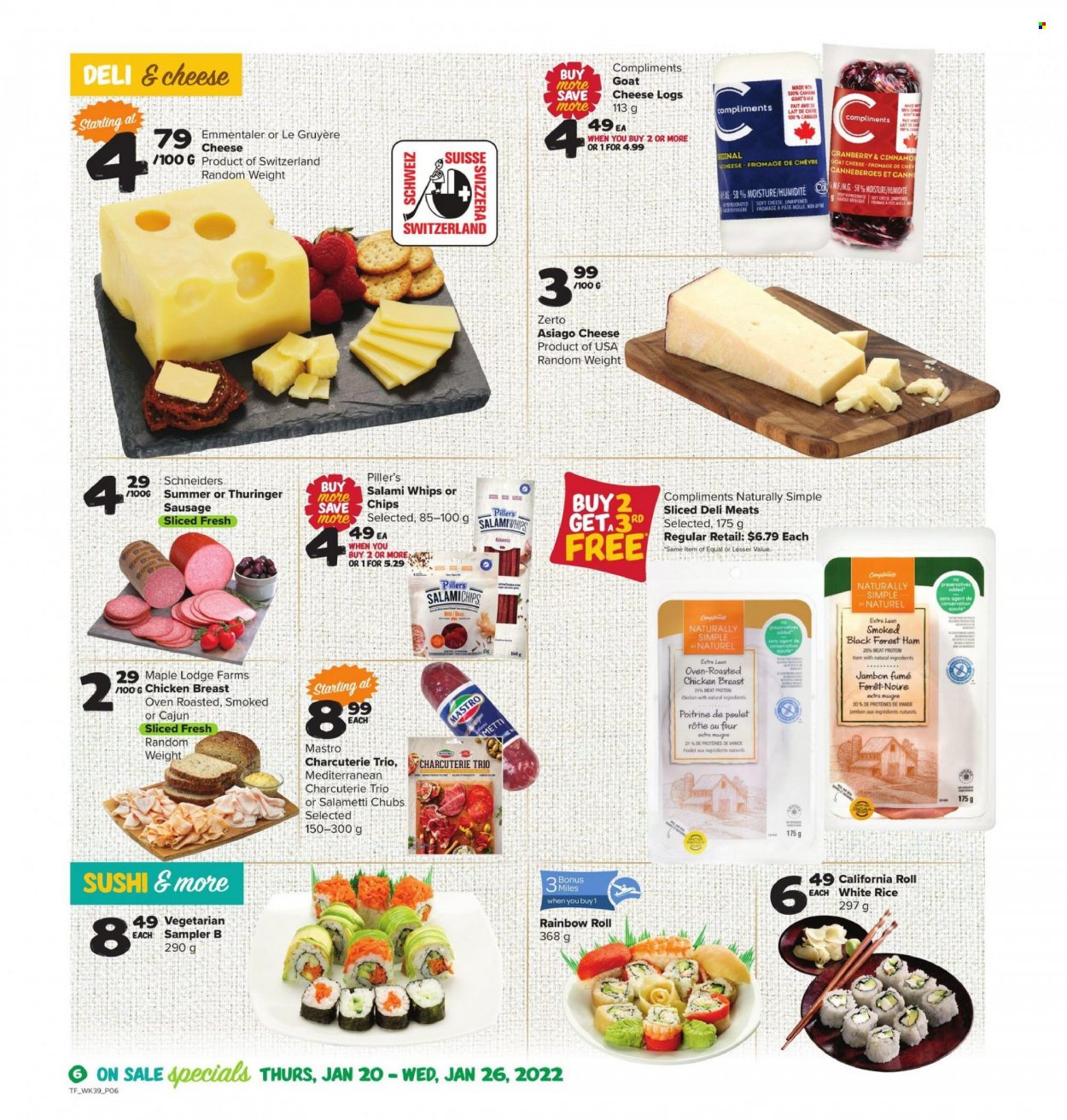 thumbnail - Thrifty Foods Flyer - January 20, 2022 - January 26, 2022 - Sales products - chicken roast, salami, ham, sausage, asiago, goat cheese, Gruyere, rice, white rice, chicken breasts, chicken, chips. Page 6.