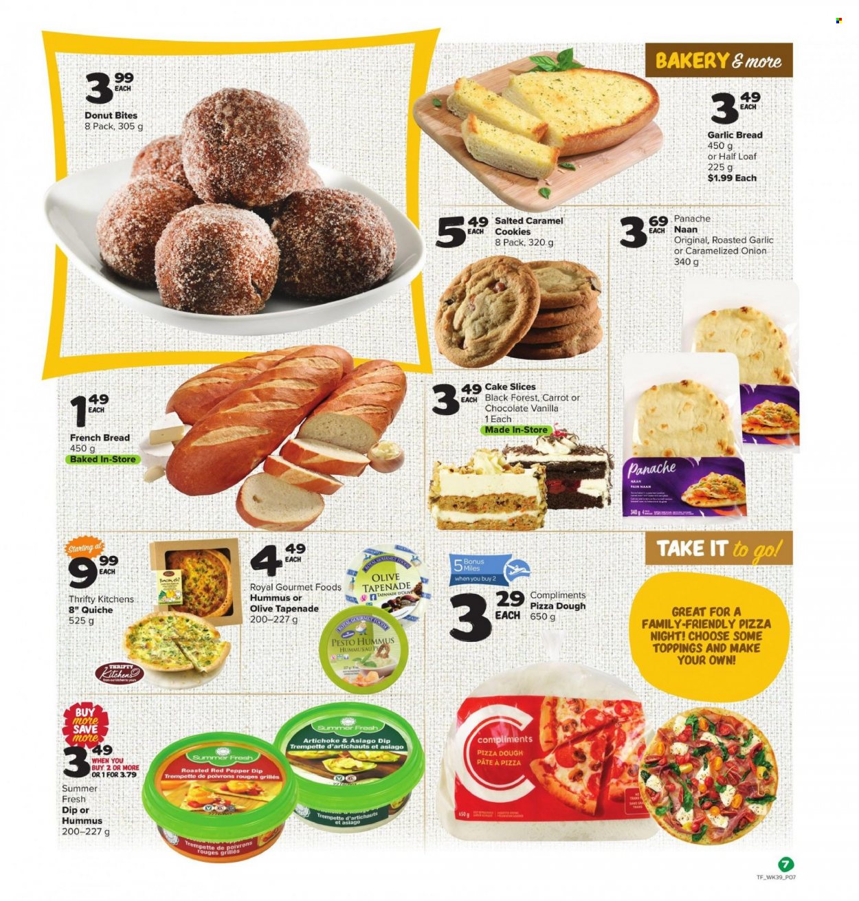 thumbnail - Thrifty Foods Flyer - January 20, 2022 - January 26, 2022 - Sales products - bread, cake, french bread, indian bread, donut, red peppers, hummus, olive spread, pâté, asiago, dip, pizza dough, quiche, cookies, topping, pesto, Go!. Page 7.