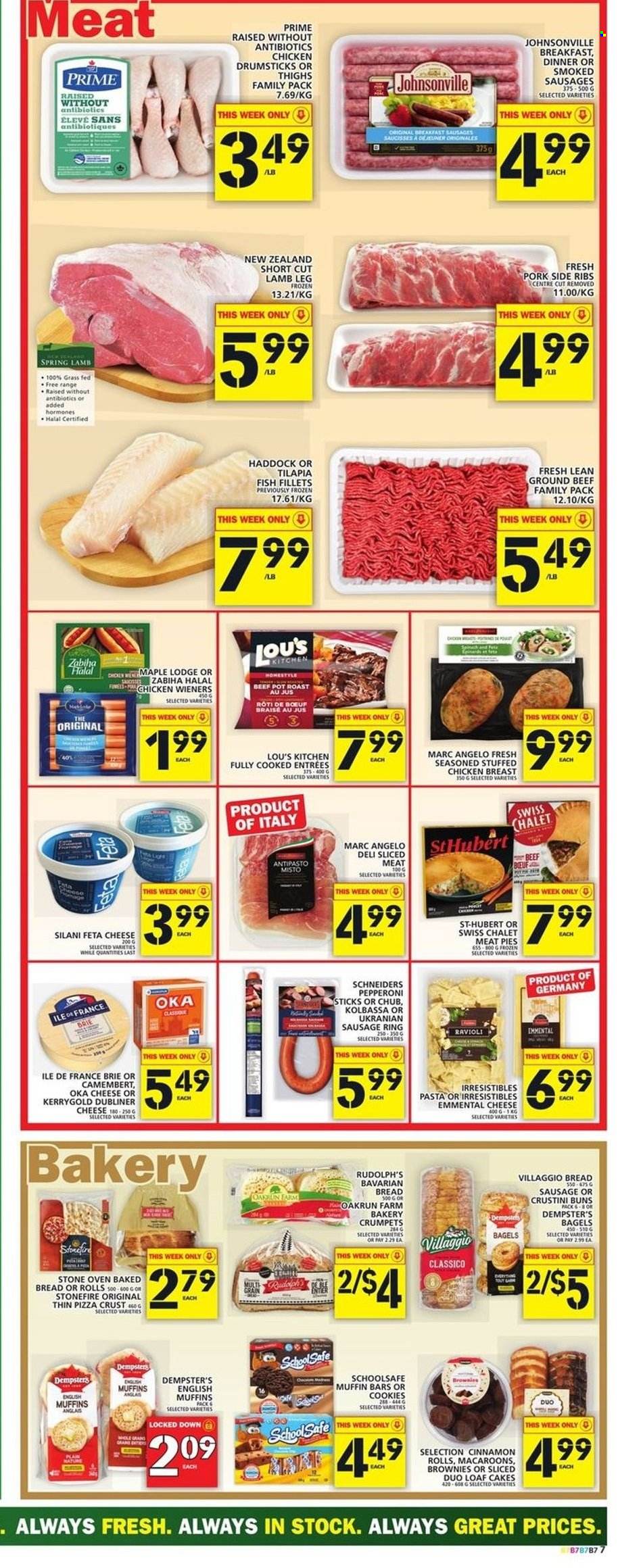 thumbnail - Food Basics Flyer - January 20, 2022 - January 26, 2022 - Sales products - bagels, bread, english muffins, cake, buns, crumpets, brownies, fish fillets, tilapia, haddock, fish, ravioli, pizza, stuffed chicken, Johnsonville, sausage, pepperoni, brie, feta, cookies, cinnamon, Classico, chicken drumsticks, chicken, beef meat, ground beef, lamb meat, lamb leg, camembert. Page 7.