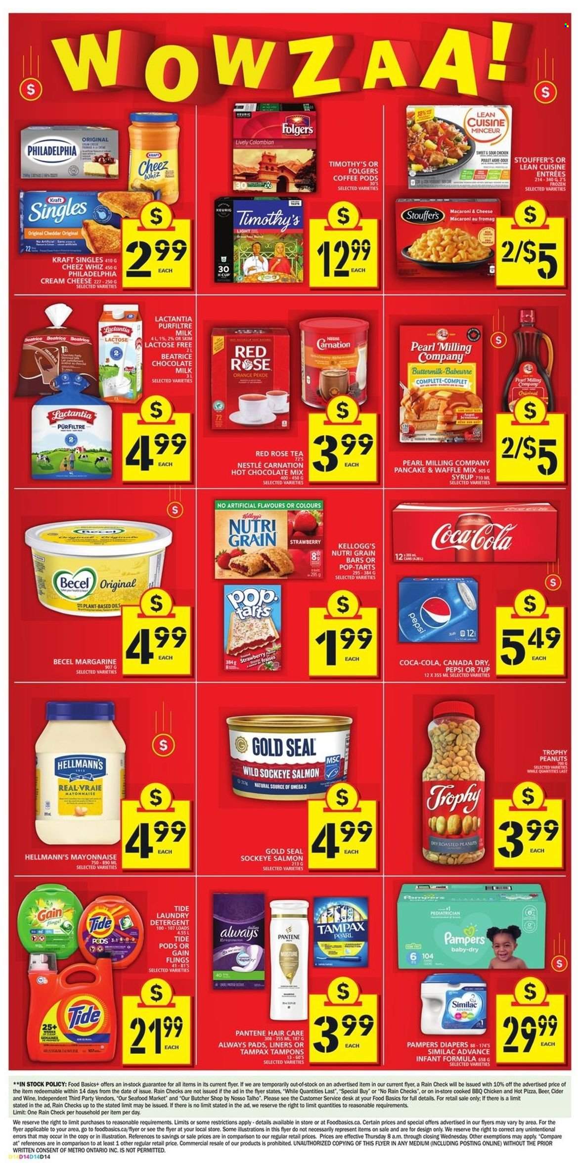 thumbnail - Food Basics Flyer - January 20, 2022 - January 26, 2022 - Sales products - salmon, seafood, macaroni & cheese, pizza, pancakes, Lean Cuisine, Kraft®, cream cheese, sandwich slices, Kraft Singles, buttermilk, margarine, mayonnaise, Hellmann’s, Stouffer's, milk chocolate, Kellogg's, Pop-Tarts, Nutri-Grain, syrup, peanuts, Canada Dry, Coca-Cola, Pepsi, 7UP, hot chocolate, tea, coffee pods, Folgers, wine, rosé wine, cider, beer, Similac, nappies, Gain, Tide, laundry detergent, Always pads, tampons, Nestlé, detergent, Tampax, Philadelphia, Pampers, Pantene. Page 8.