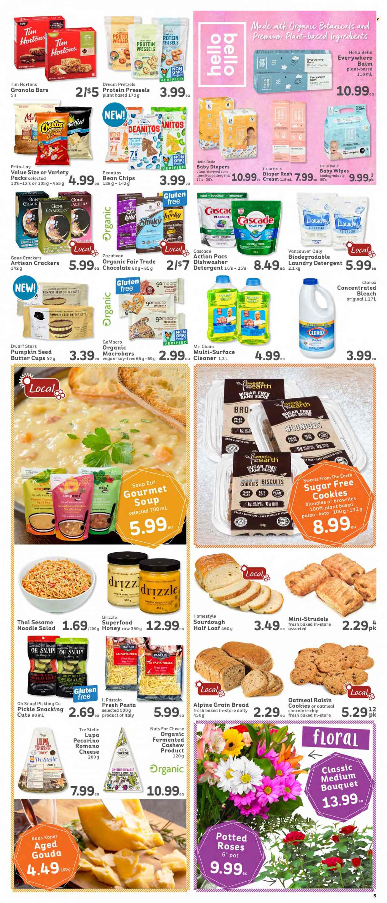 thumbnail - IGA Simple Goodness Flyer - January 21, 2022 - January 27, 2022 - Sales products - pretzels, brownies, ginger, soup, noodles cup, noodles, blue cheese, gouda, Pecorino, brie, butter, cookies, crackers, biscuit, dill pickle, Frito-Lay, oatmeal, granola bar, dill, turmeric, oil, honey, chips. Page 5.