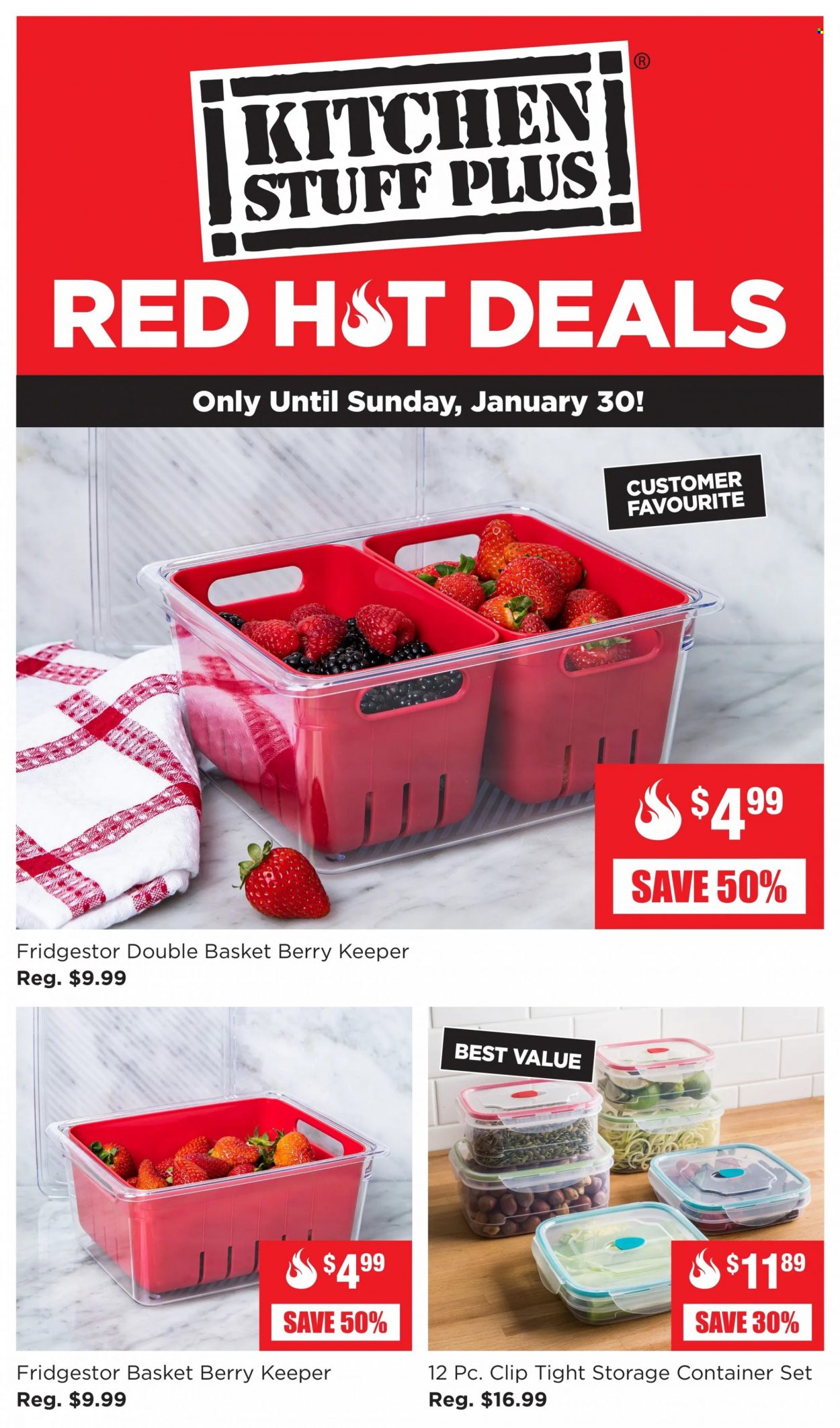 thumbnail - Kitchen Stuff Plus Flyer - January 24, 2022 - January 30, 2022 - Sales products - basket, container, storage container set, storage box. Page 1.