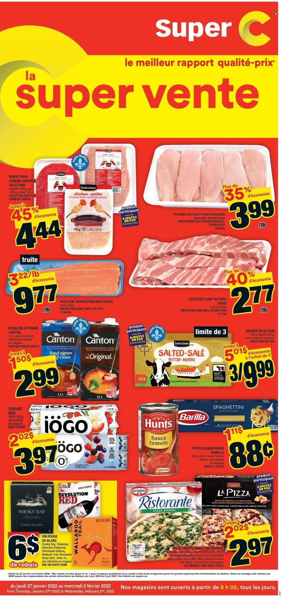 thumbnail - Super C Flyer - January 27, 2022 - February 02, 2022 - Sales products - onion, trout, pizza, pasta, sauce, bacon, ham, yoghurt, butter, bouillon, broth, chicken breasts, Barilla. Page 1.