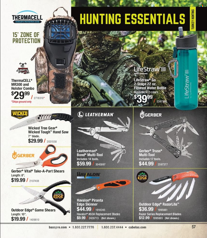thumbnail - Bass Pro Shops Flyer - Sales products - Gerber, razor, holster. Page 57.