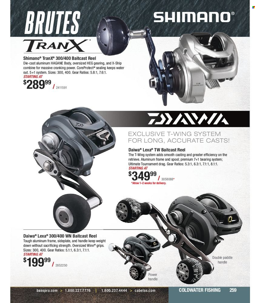 thumbnail - Bass Pro Shops Flyer - Sales products - Shimano, baitcast reel, reel, fishing rod, DAIWA. Page 259.