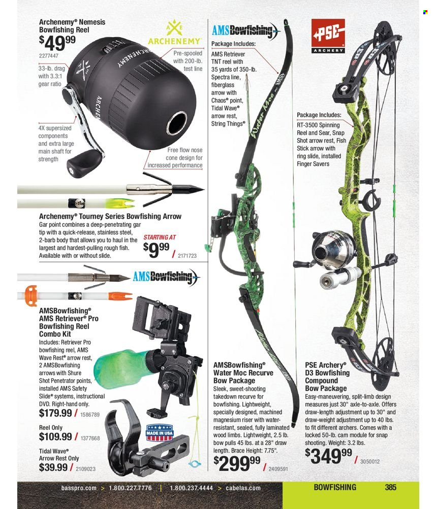 thumbnail - Bass Pro Shops Flyer - Sales products - compound bow, reel, spinning reel. Page 385.