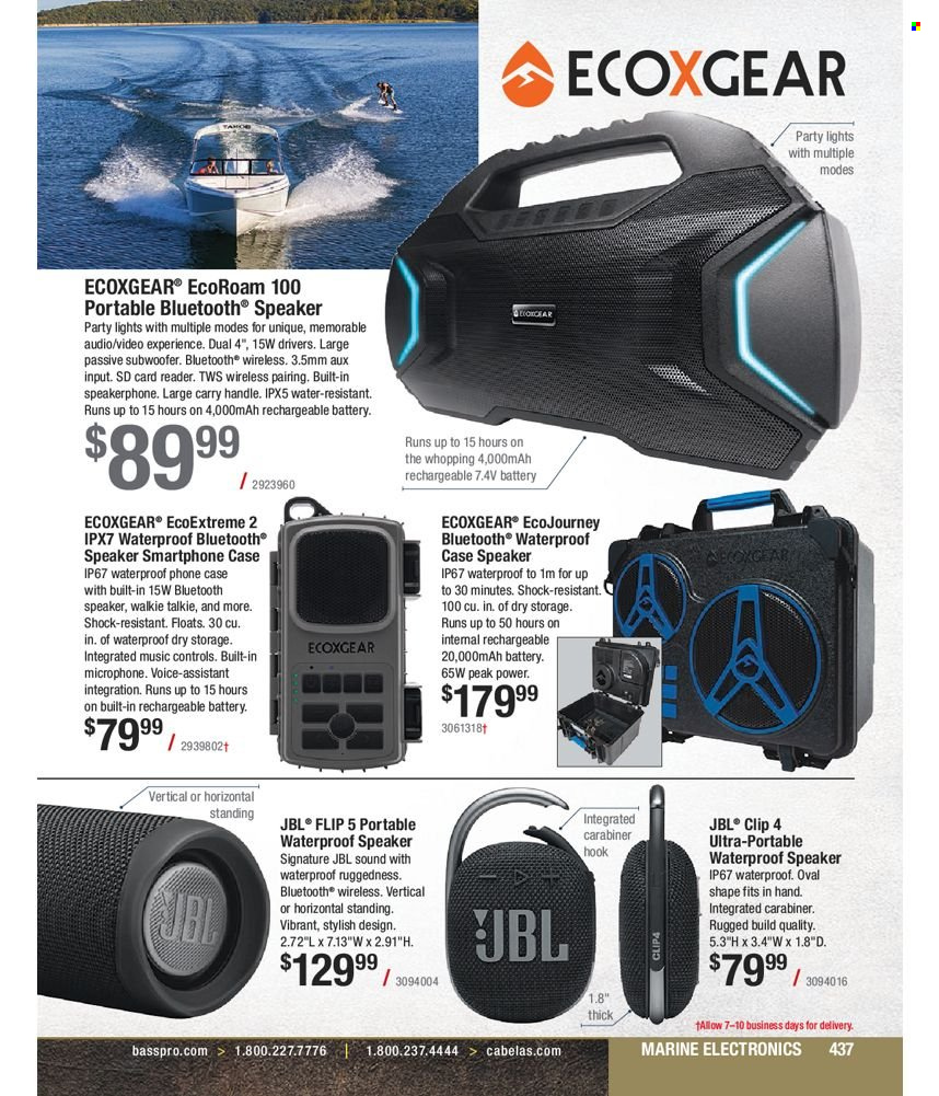 thumbnail - Bass Pro Shops Flyer - Sales products - memory card, speaker, subwoofer, bluetooth speaker, JBL. Page 437.
