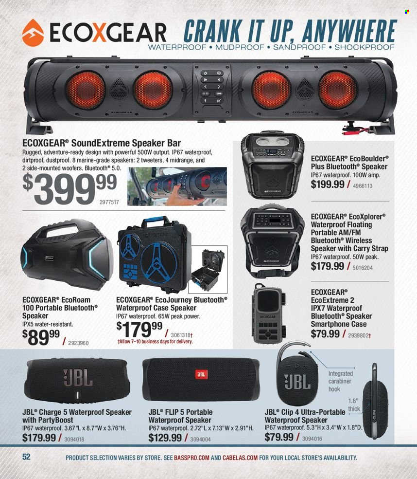 thumbnail - Bass Pro Shops Flyer - Sales products - speaker, bluetooth speaker, strap, JBL. Page 52.