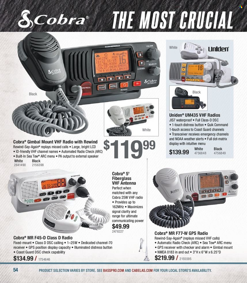 thumbnail - Bass Pro Shops Flyer - Sales products - alarm, Uniden, radio, speaker, antenna. Page 54.