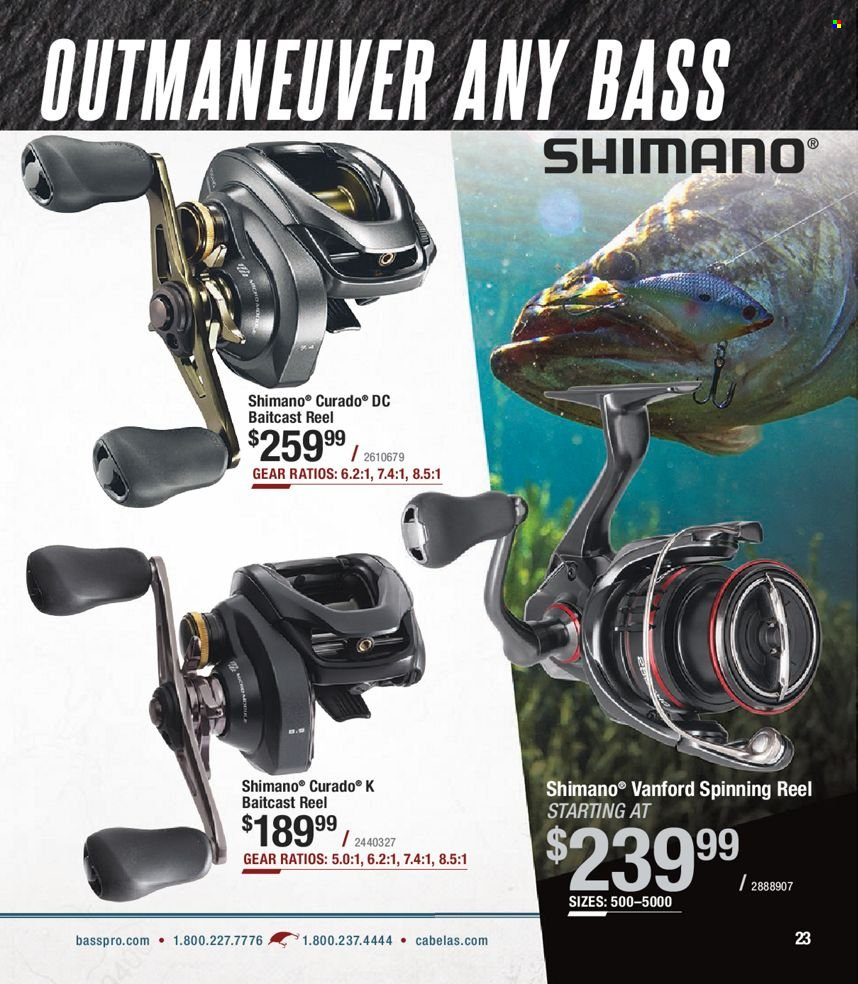 thumbnail - Bass Pro Shops Flyer - Sales products - Shimano, baitcast reel, reel, spinning reel, fishing rod. Page 23.