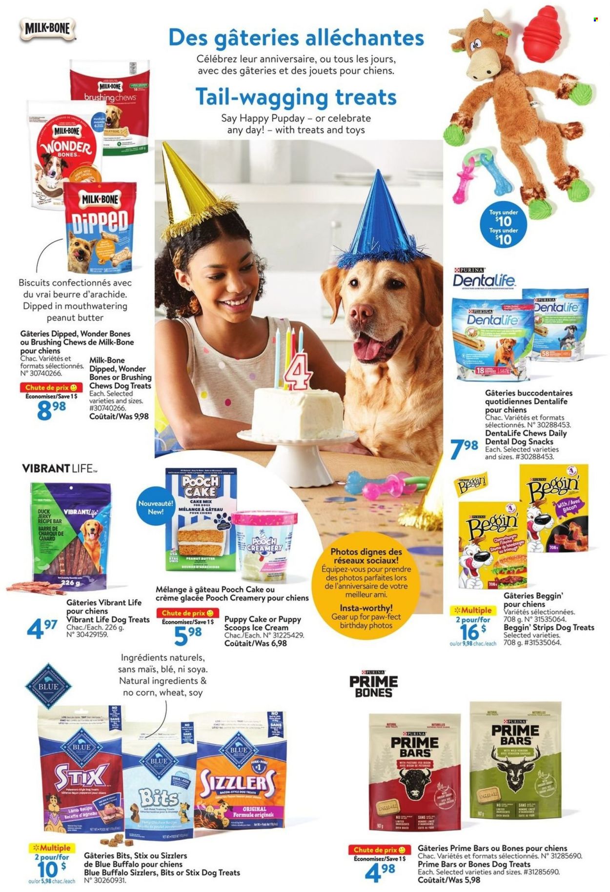 thumbnail - Walmart Flyer - April 21, 2022 - May 18, 2022 - Sales products - cake mix, bacon, jerky, duck jerky, milk, snack, chewing gum, peanut butter, Blue Buffalo, Purina, Dentalife, Beggin'. Page 5.
