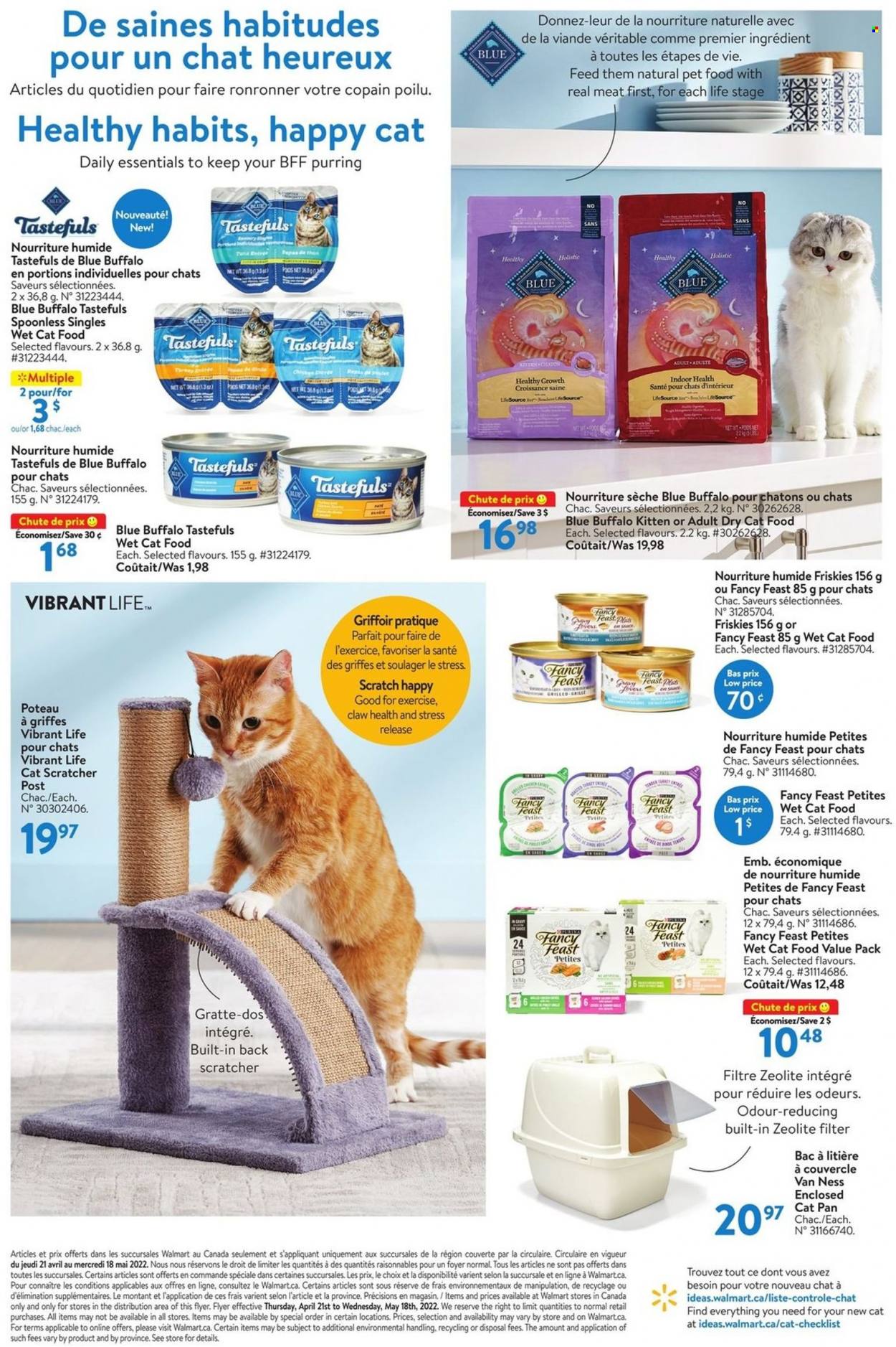 thumbnail - Walmart Flyer - April 21, 2022 - May 18, 2022 - Sales products - pan, cat scratcher, animal food, Blue Buffalo, cat food, dry cat food, Fancy Feast, Friskies, wet cat food. Page 7.