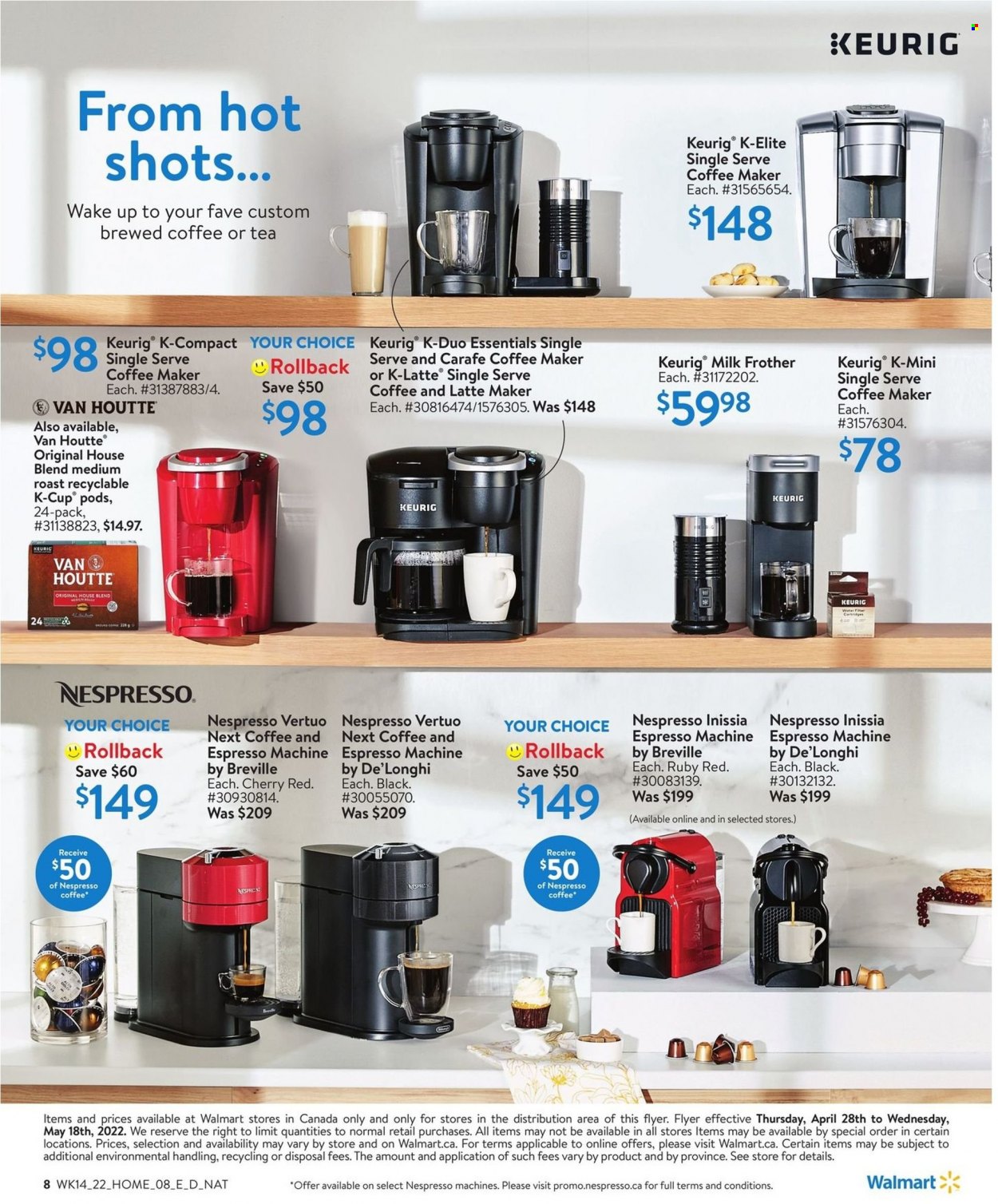 thumbnail - Walmart Flyer - April 28, 2022 - May 18, 2022 - Sales products - cherries, tea, Nespresso, coffee capsules, K-Cups, Keurig, bijzettafel, coffee machine, De'Longhi, espresso maker, milk frother. Page 8.