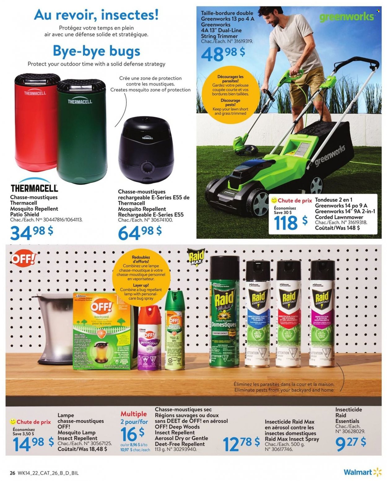 thumbnail - Walmart Flyer - April 28, 2022 - May 18, 2022 - Sales products - repellent, insecticide, Raid, trimmer, pendant, lamp, string trimmer, lawn mower. Page 29.