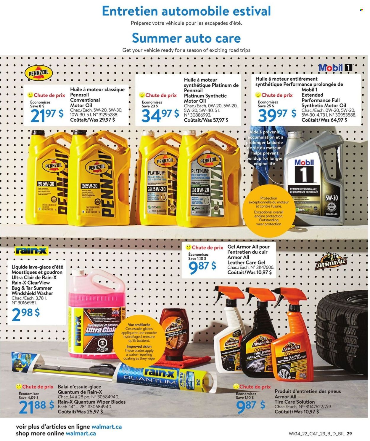 thumbnail - Walmart Flyer - April 28, 2022 - May 18, 2022 - Sales products - oil, cleaner, washing machine, Armor All, wiper blades, tyre shine, Rain-X, Mobil, motor oil, Pennzoil. Page 32.