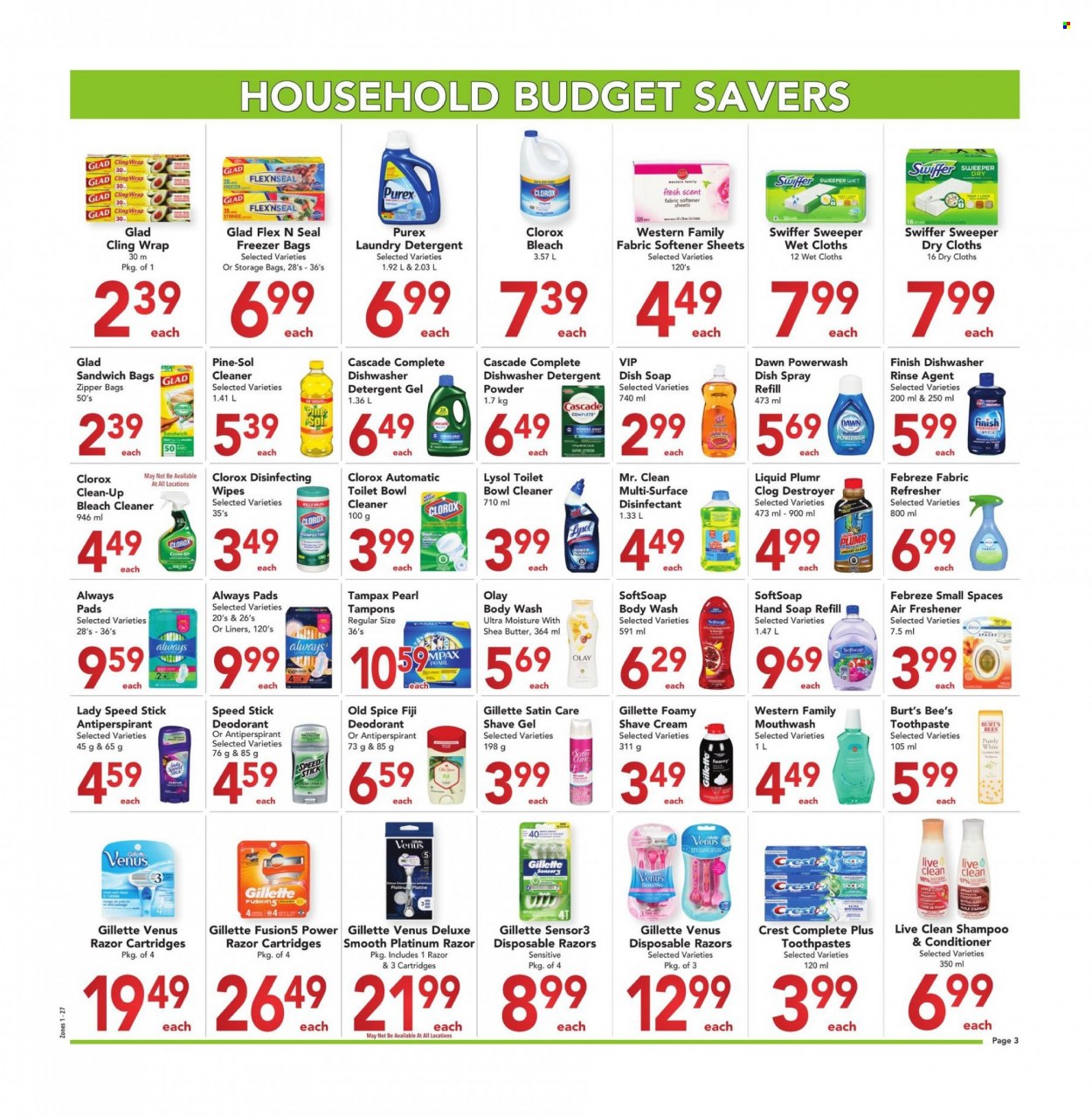 thumbnail - Buy-Low Foods Flyer - April 24, 2022 - May 21, 2022 - Sales products - spice, wipes, Febreze, cleaner, bleach, Lysol, Clorox, Pine-Sol, Swiffer, fabric softener, laundry detergent, laundry powder, washing gel, Cascade, Purex, body wash, Softsoap, hand soap, toothpaste, mouthwash, Crest, Always pads, tampons, Olay, conditioner, refresher, shea butter, anti-perspirant, Speed Stick, Gillette, shave gel, Venus, shave cream, disposable razor, bag, detergent, shampoo, Tampax, Old Spice, desinfection, deodorant. Page 3.