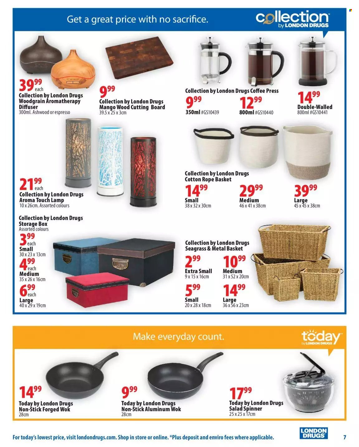 thumbnail - London Drugs Flyer - April 29, 2022 - May 18, 2022 - Sales products - mango, coffee, basket, cutting board, wok, storage box, diffuser, French press. Page 7.
